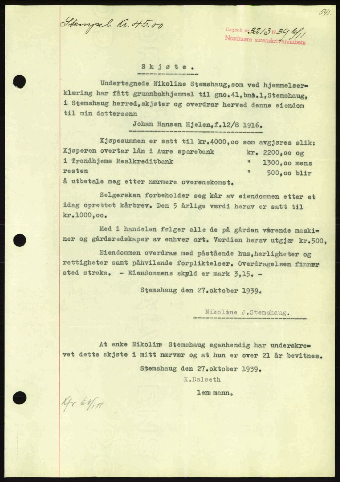 Nordmøre sorenskriveri, SAT/A-4132/1/2/2Ca: Pantebok nr. A87, 1939-1940, Dagboknr: 3213/1939