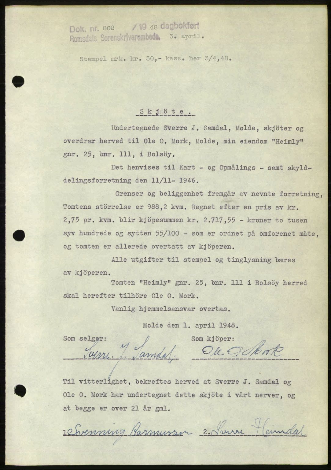 Romsdal sorenskriveri, SAT/A-4149/1/2/2C: Pantebok nr. A25, 1948-1948, Dagboknr: 802/1948