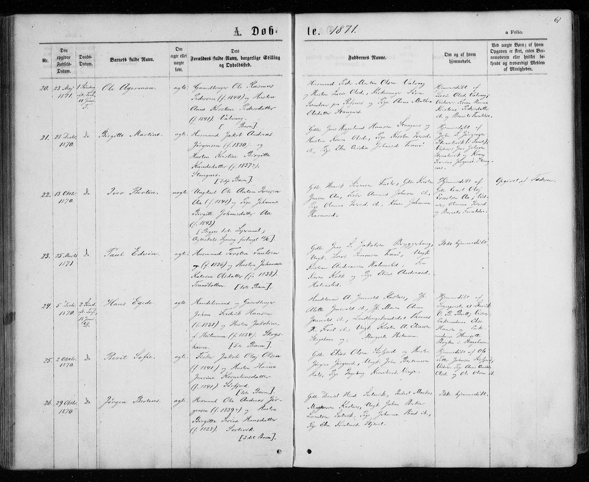 Tranøy sokneprestkontor, AV/SATØ-S-1313/I/Ia/Iaa/L0008kirke: Ministerialbok nr. 8, 1867-1877, s. 61