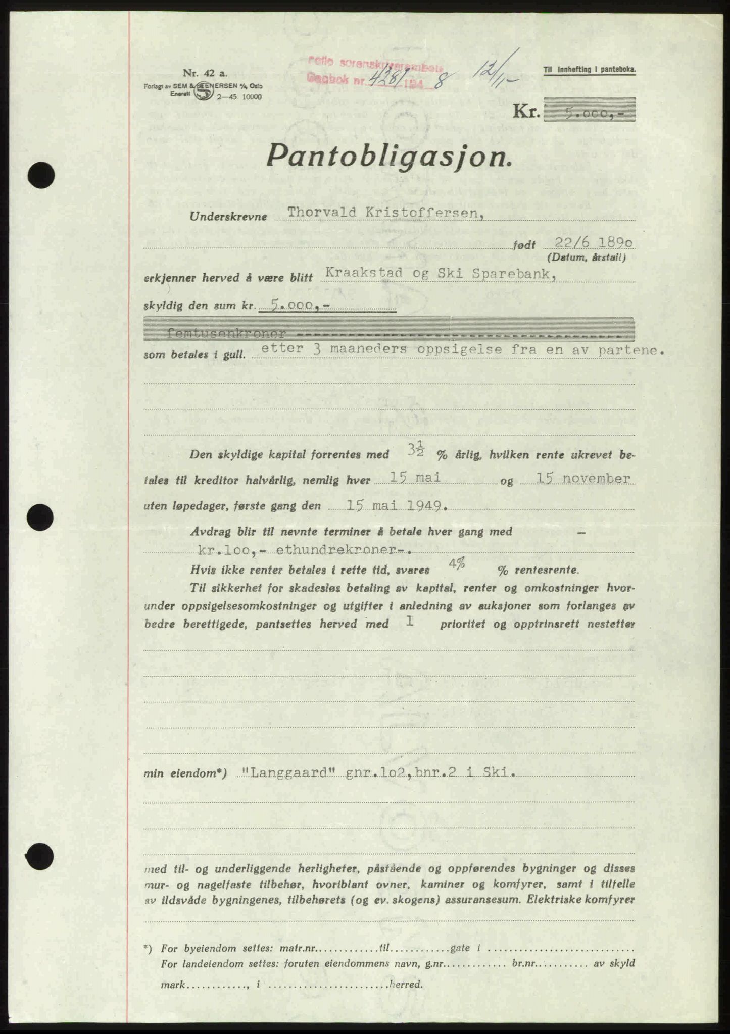 Follo sorenskriveri, SAO/A-10274/G/Ga/Gaa/L0085: Pantebok nr. I 85, 1948-1948, Dagboknr: 4281/1948