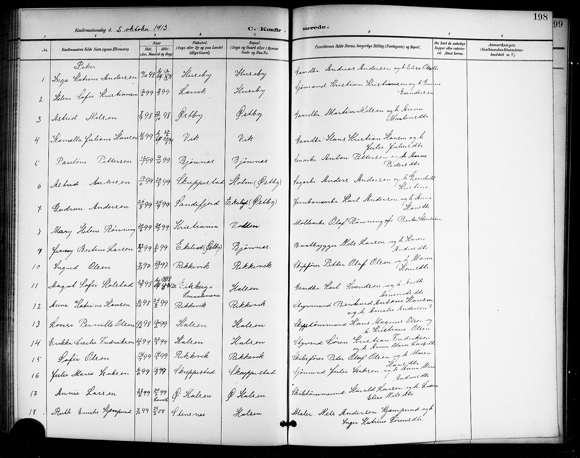 Tjølling kirkebøker, AV/SAKO-A-60/G/Ga/L0002: Klokkerbok nr. 2, 1895-1918, s. 198