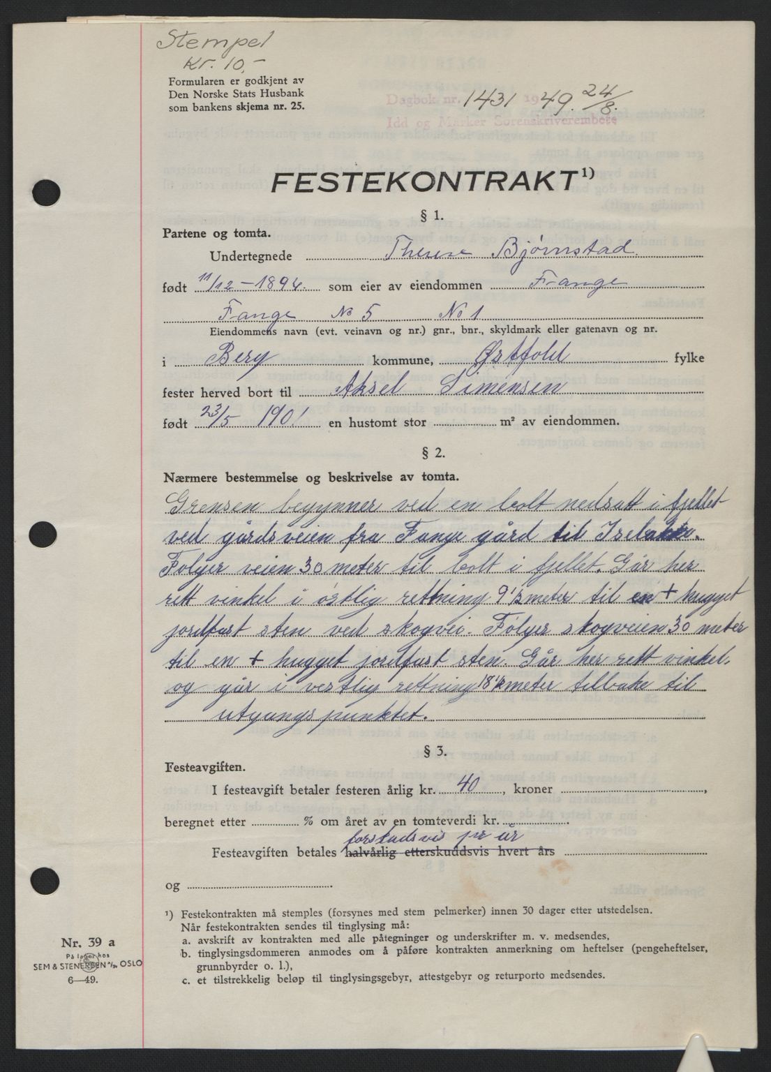 Idd og Marker sorenskriveri, SAO/A-10283/G/Gb/Gbb/L0012: Pantebok nr. A12, 1949-1949, Dagboknr: 1431/1949