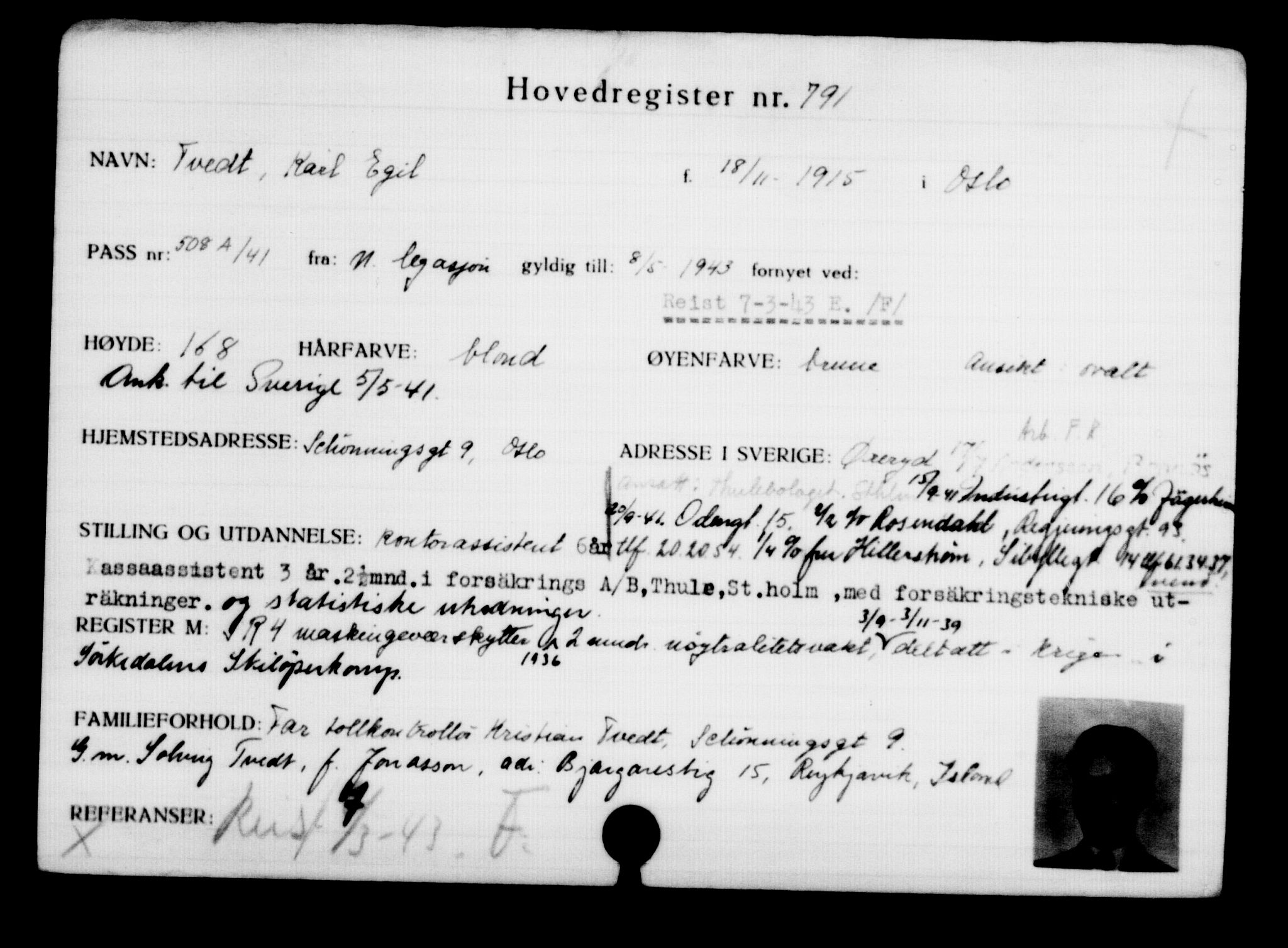 Utenriksstasjonene, Legasjonen i Stockholm, Flyktningkontoret, AV/RA-S-6753/V/Va/L0001: Kjesäterkartoteket, flyktninger med registreringsnr. 1-1000, 1940-1945, s. 1253