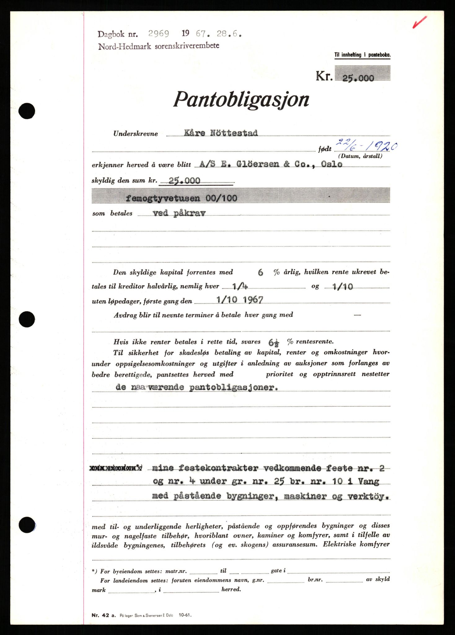 Nord-Hedmark sorenskriveri, SAH/TING-012/H/Hb/Hbf/L0071: Pantebok nr. B71, 1967-1967, Dagboknr: 2969/1967