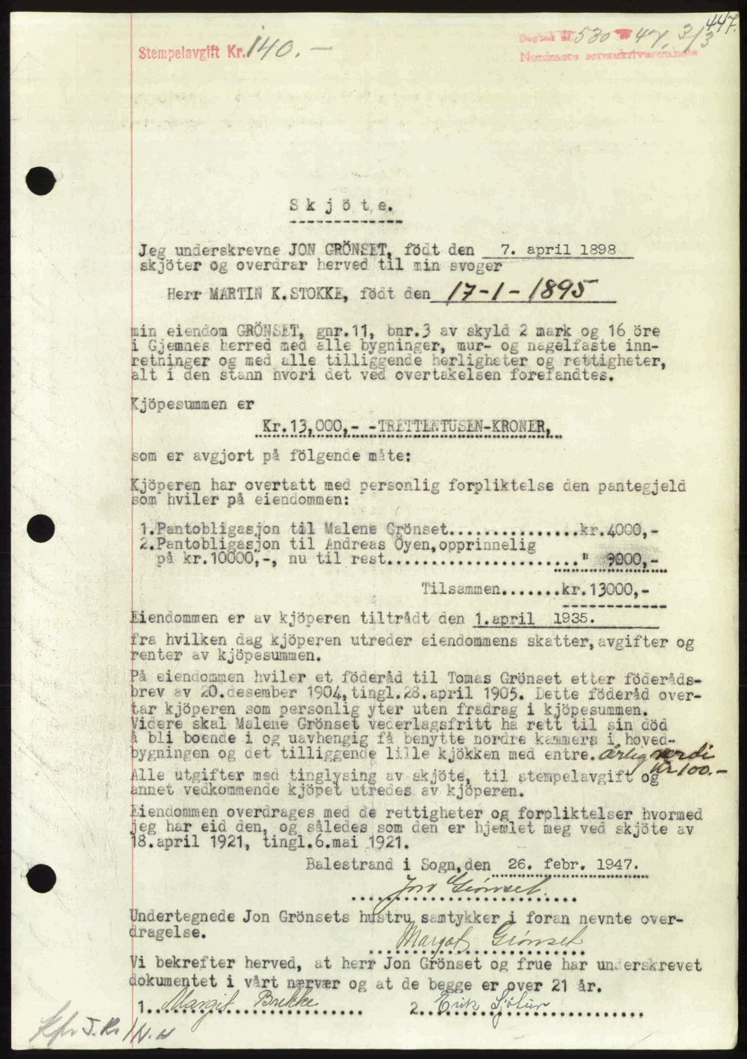 Nordmøre sorenskriveri, SAT/A-4132/1/2/2Ca: Pantebok nr. A104, 1947-1947, Dagboknr: 530/1947
