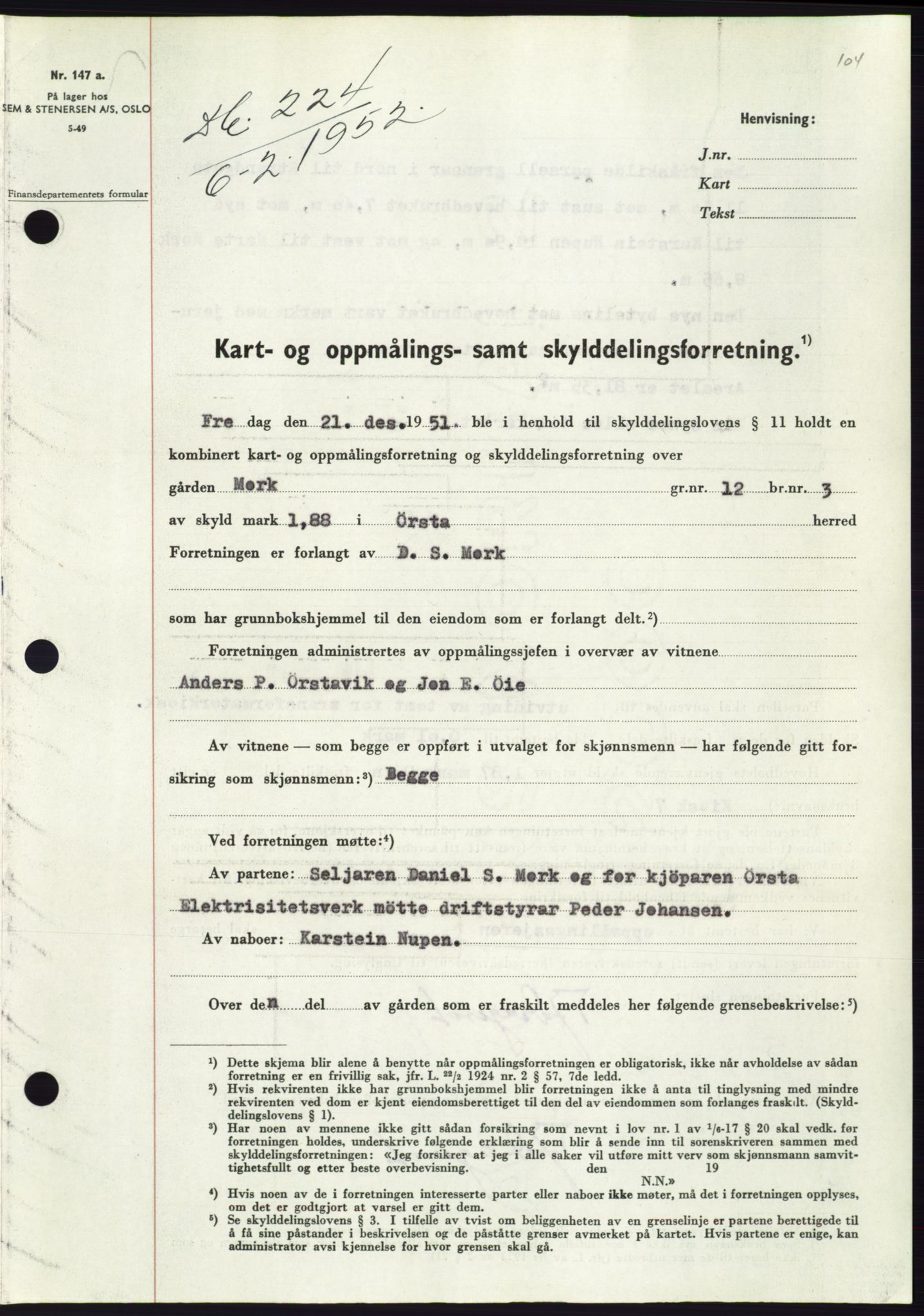Søre Sunnmøre sorenskriveri, SAT/A-4122/1/2/2C/L0091: Pantebok nr. 17A, 1951-1952, Dagboknr: 224/1952