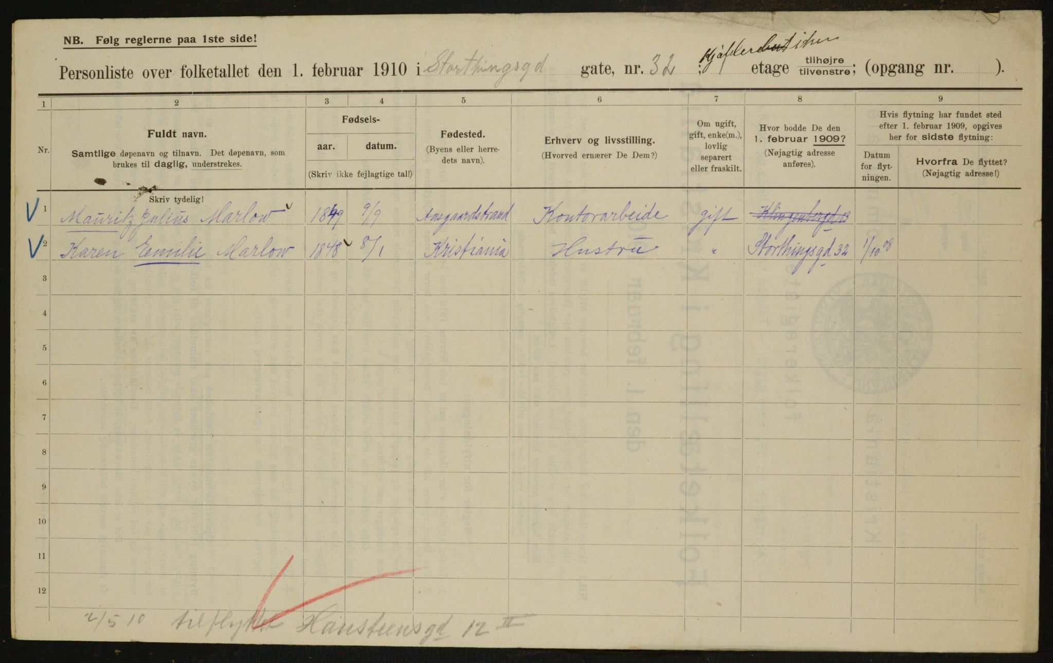 OBA, Kommunal folketelling 1.2.1910 for Kristiania, 1910, s. 98405