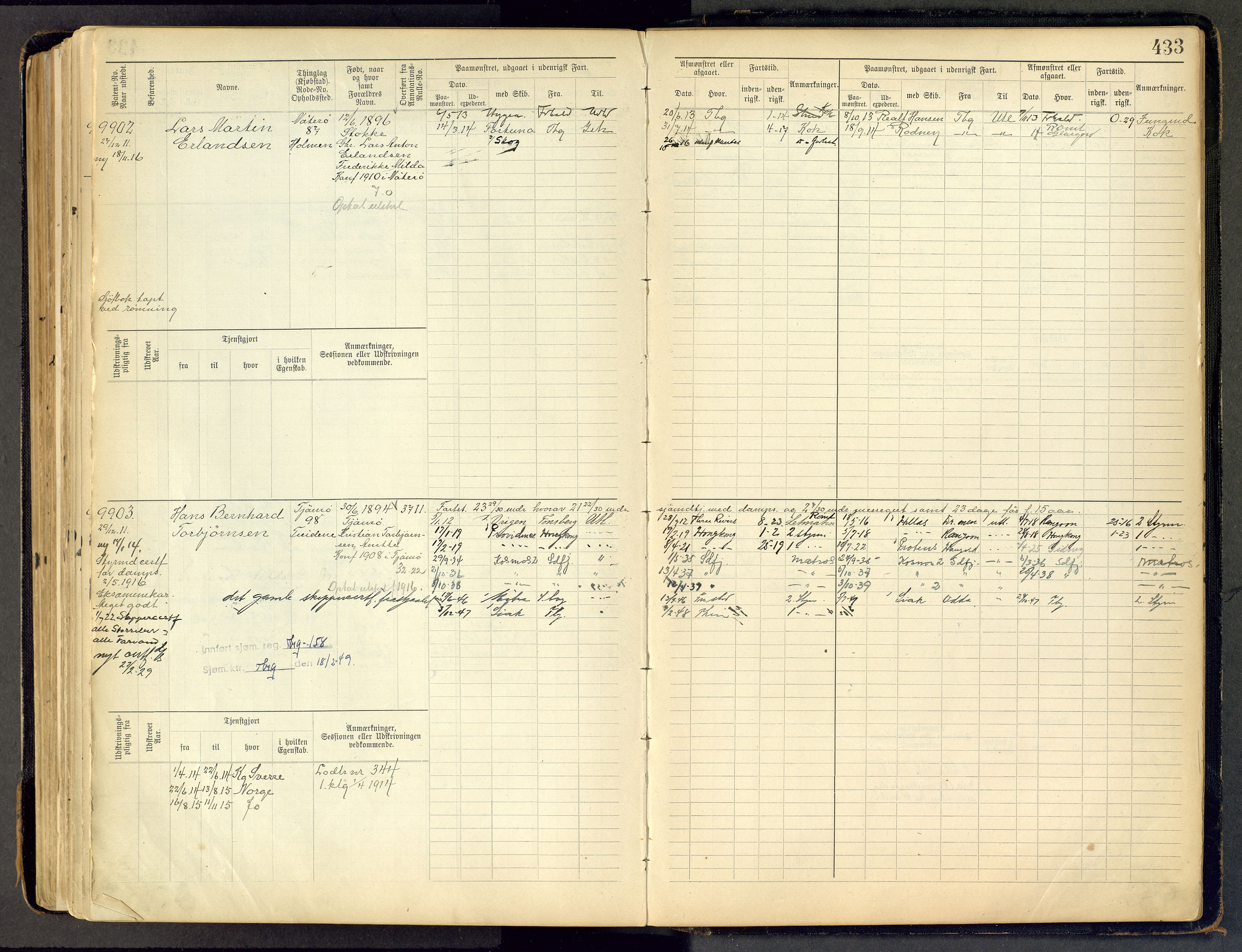 Tønsberg innrulleringskontor, AV/SAKO-A-786/F/Fc/Fca/L0011: Hovedrulle Patent nr. 9038-9992, 1900-1912, s. 433