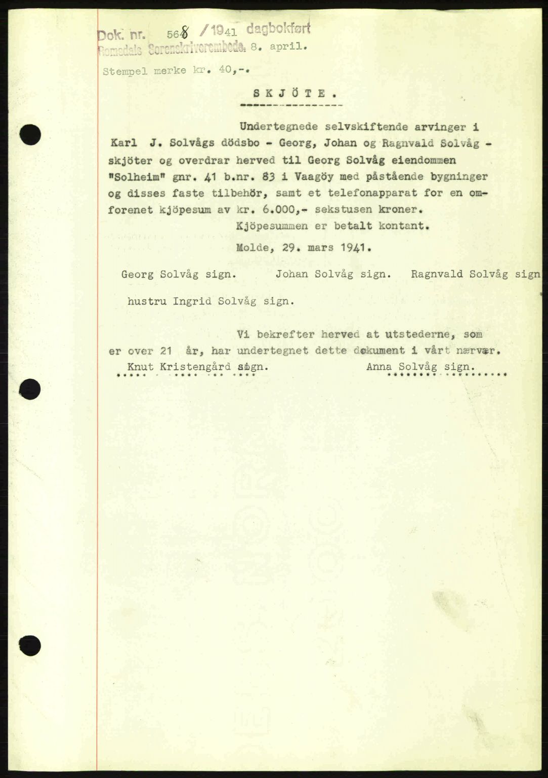 Romsdal sorenskriveri, SAT/A-4149/1/2/2C: Pantebok nr. A9, 1940-1941, Dagboknr: 568/1941