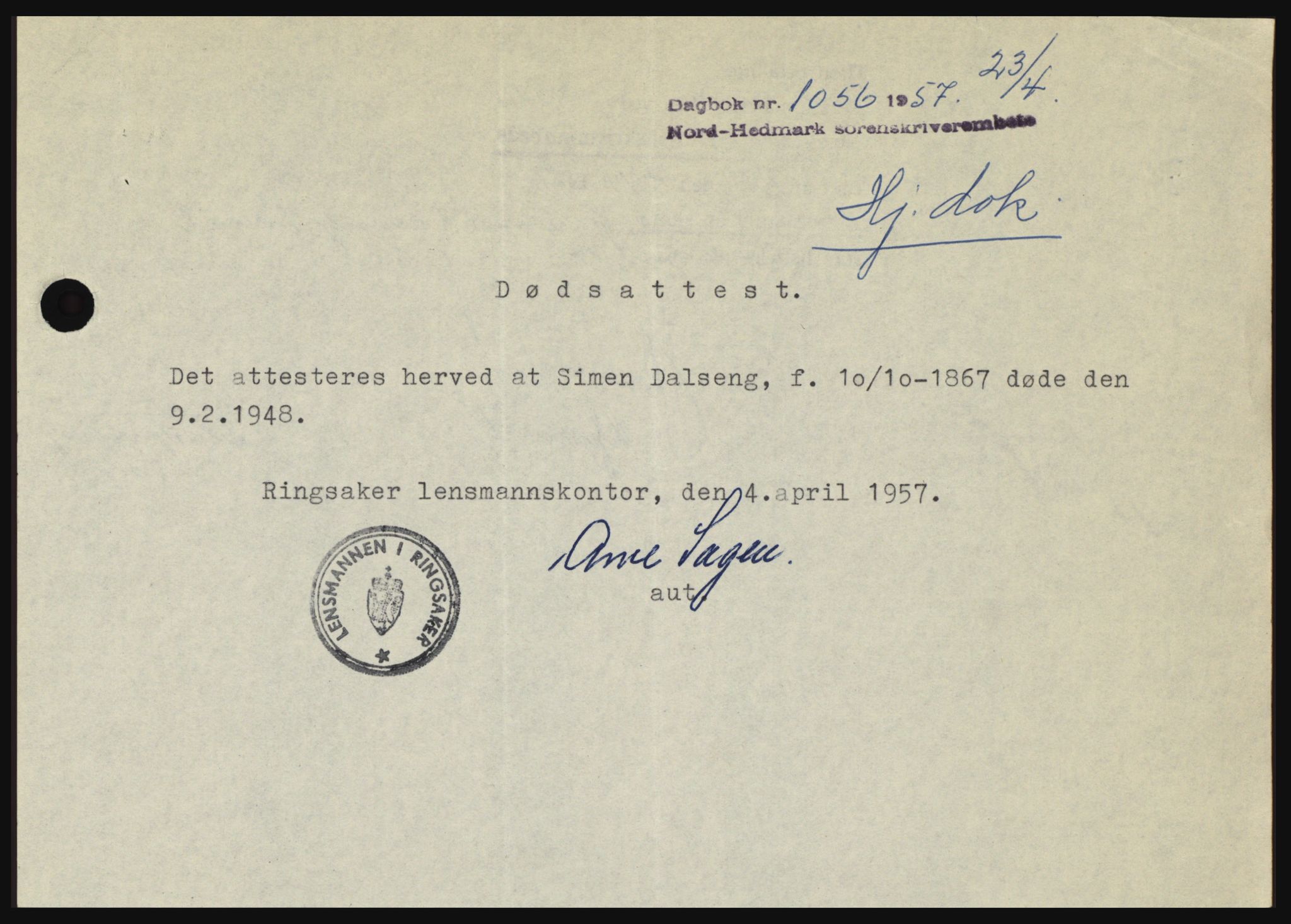Nord-Hedmark sorenskriveri, SAH/TING-012/H/Hc/L0011: Pantebok nr. 11, 1956-1957, Dagboknr: 1056/1957