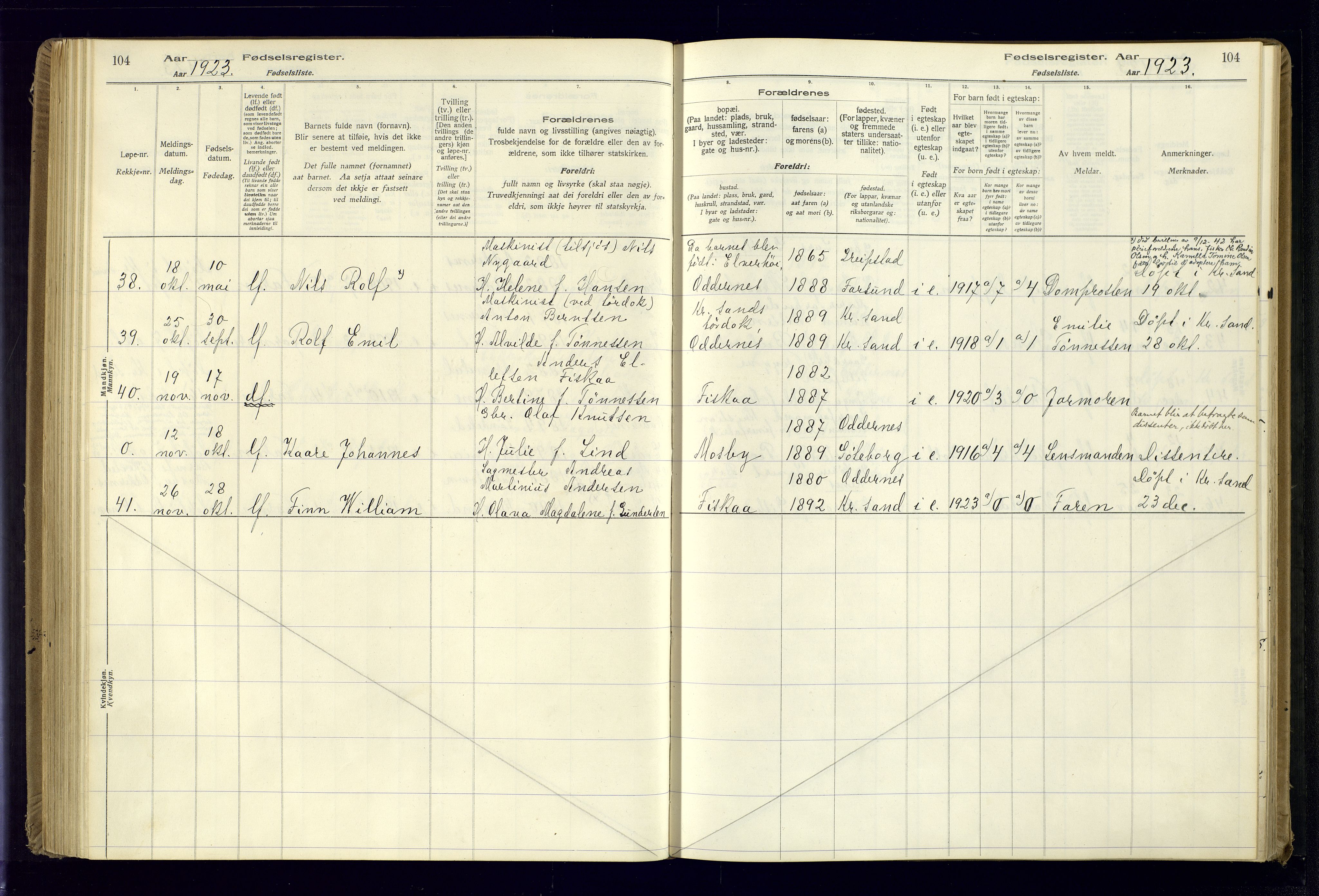 Oddernes sokneprestkontor, AV/SAK-1111-0033/J/Ja/L0001: Fødselsregister nr. 1, 1916-1935, s. 104