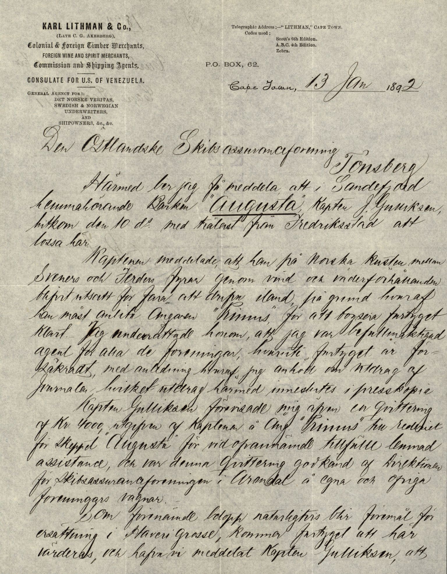 Pa 63 - Østlandske skibsassuranceforening, VEMU/A-1079/G/Ga/L0027/0004: Havaridokumenter / Avenir, Bertha, Augusta, Arctic, Black Hawk, 1891, s. 36