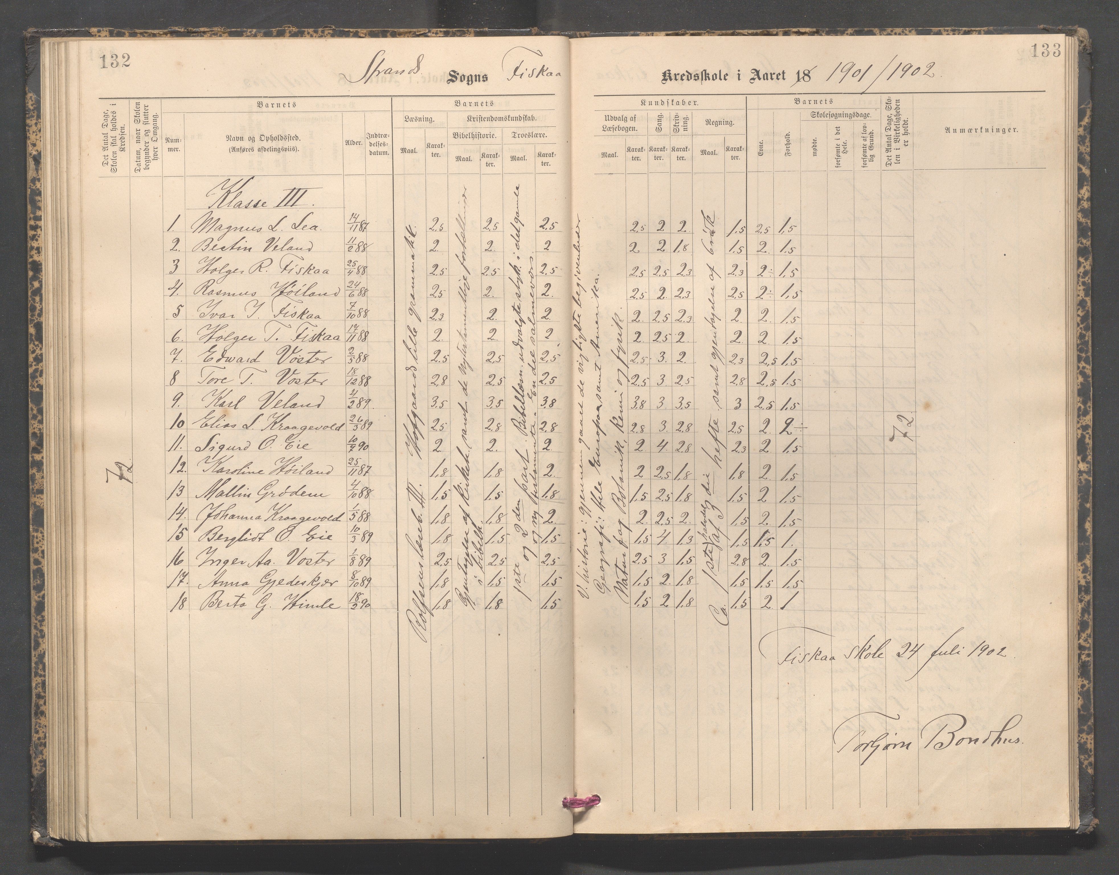 Strand kommune - Fiskå skole, IKAR/A-155/H/L0003: Skoleprotokoll for Fiskå krets, 1892-1903, s. 132-133