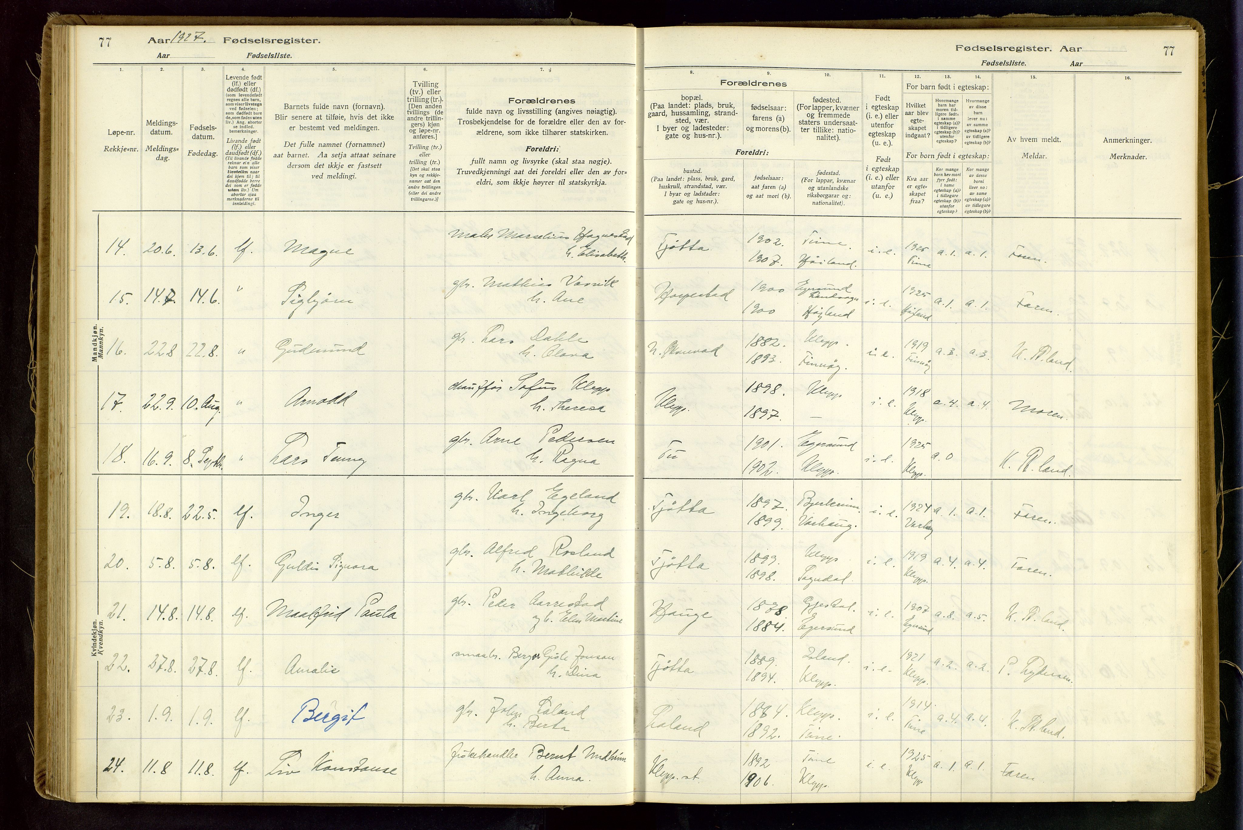 Klepp sokneprestkontor, AV/SAST-A-101803/001/704BAA/L0001: Fødselsregister nr. 1, 1916-1948, s. 77