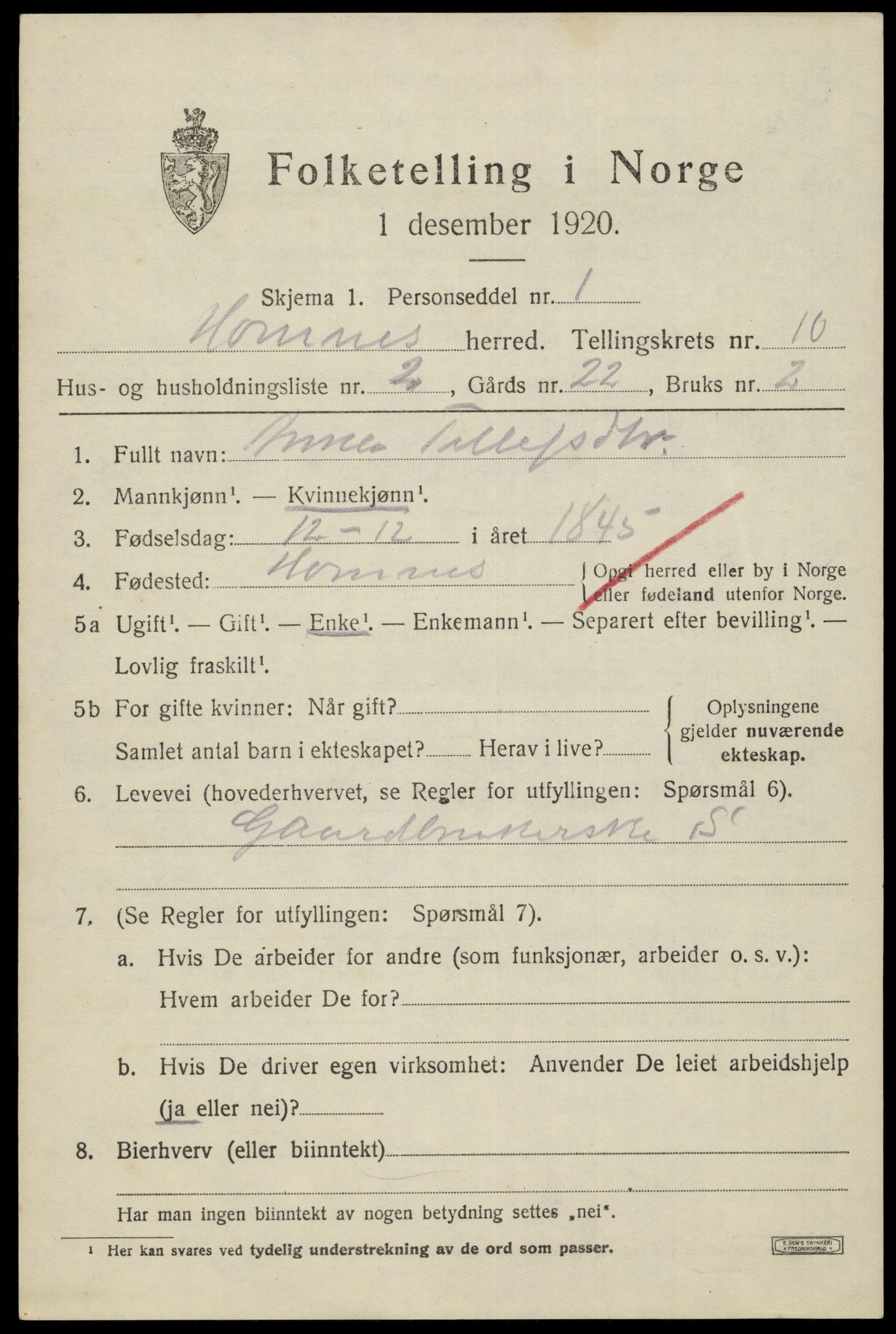SAK, Folketelling 1920 for 0936 Hornnes herred, 1920, s. 2519