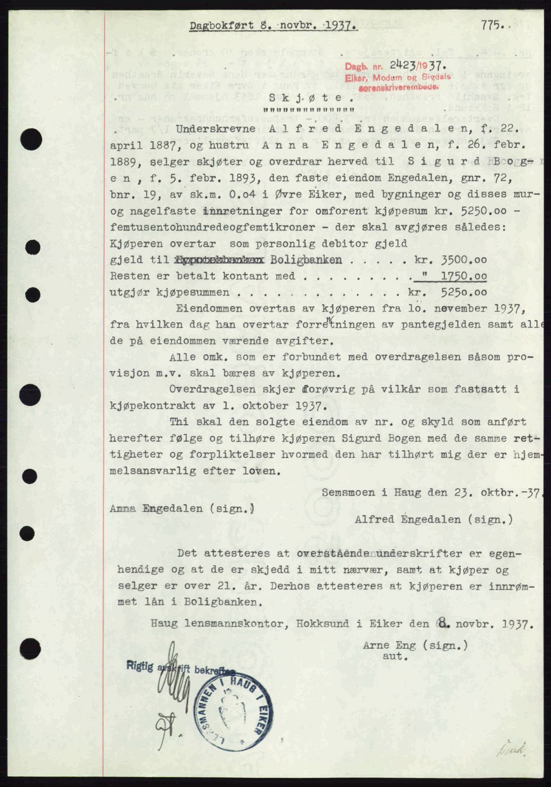Eiker, Modum og Sigdal sorenskriveri, SAKO/A-123/G/Ga/Gab/L0036: Pantebok nr. A6, 1937-1937, Dagboknr: 2423/1937