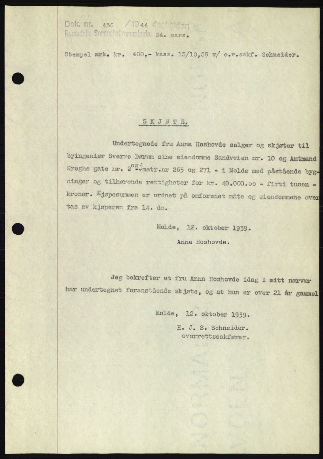 Romsdal sorenskriveri, SAT/A-4149/1/2/2C: Pantebok nr. A16, 1944-1944, Dagboknr: 456/1944