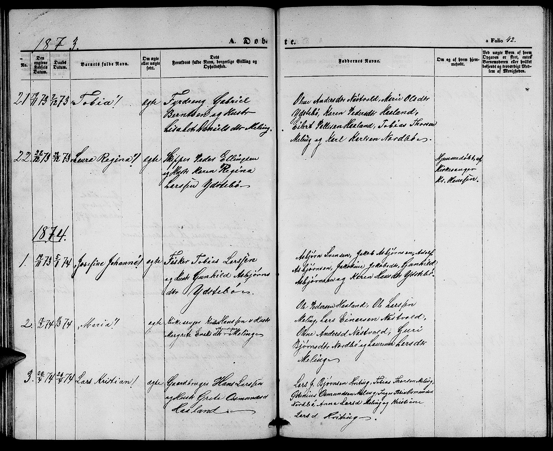 Rennesøy sokneprestkontor, AV/SAST-A -101827/H/Ha/Hab/L0003: Klokkerbok nr. B 3, 1855-1888, s. 42