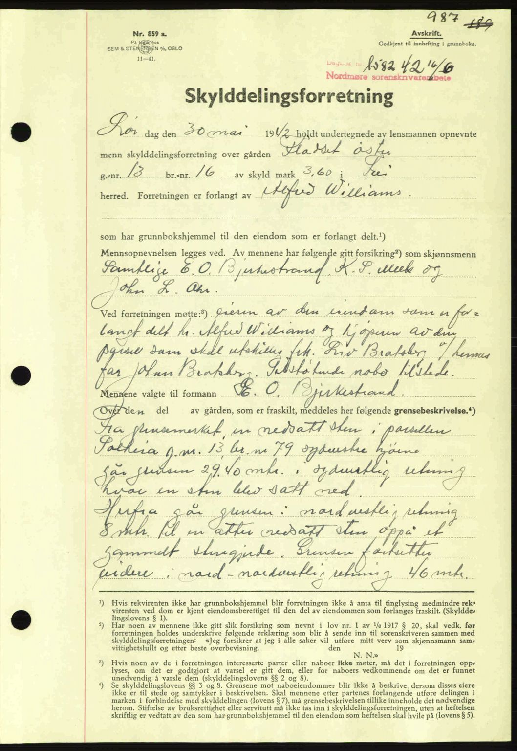 Nordmøre sorenskriveri, AV/SAT-A-4132/1/2/2Ca: Pantebok nr. A92, 1942-1942, Dagboknr: 1582/1942