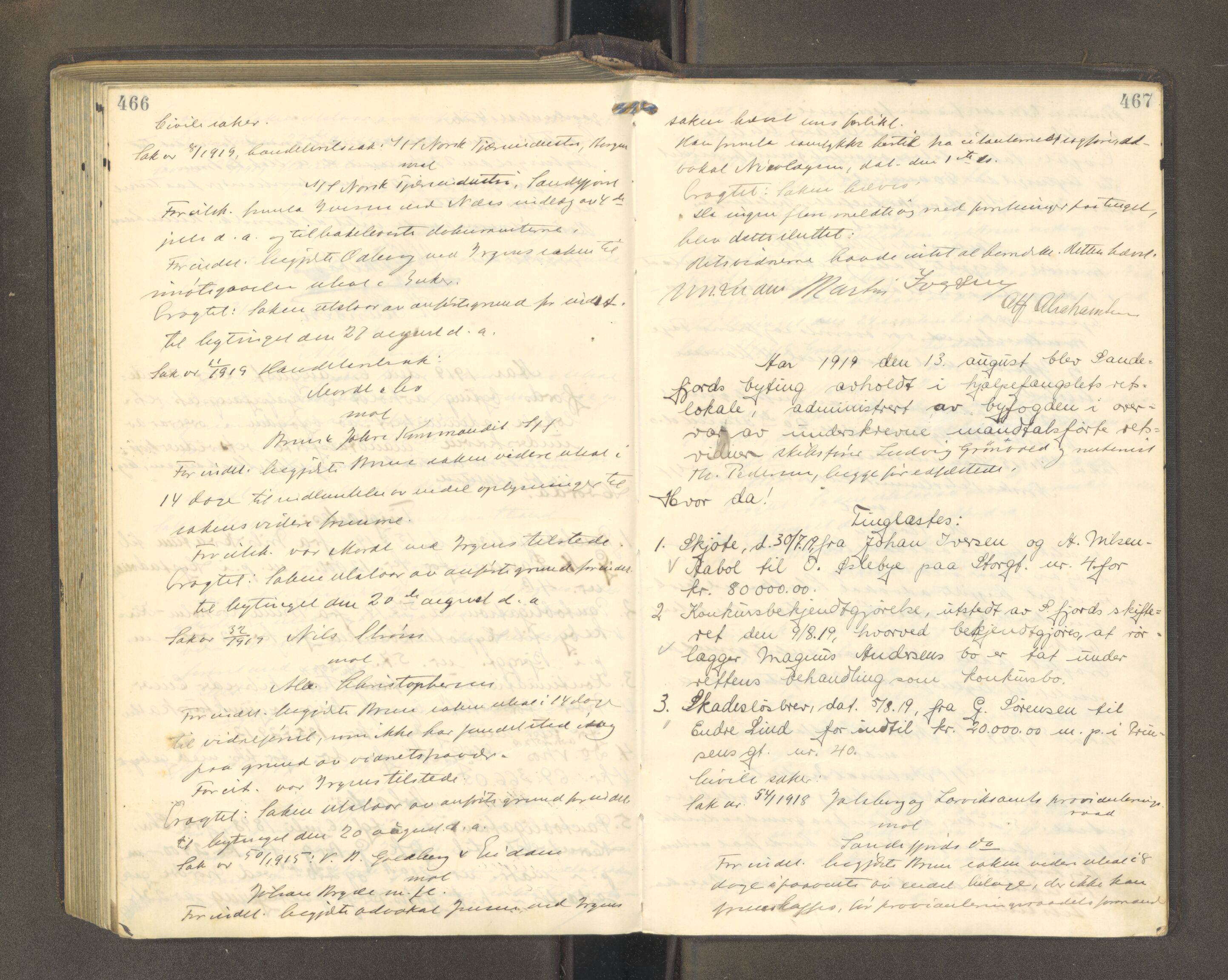 Sandefjord byfogd - 1, AV/SAKO-A-122/F/Fa/L0009: Tingbok, 1917-1919, s. 466-467
