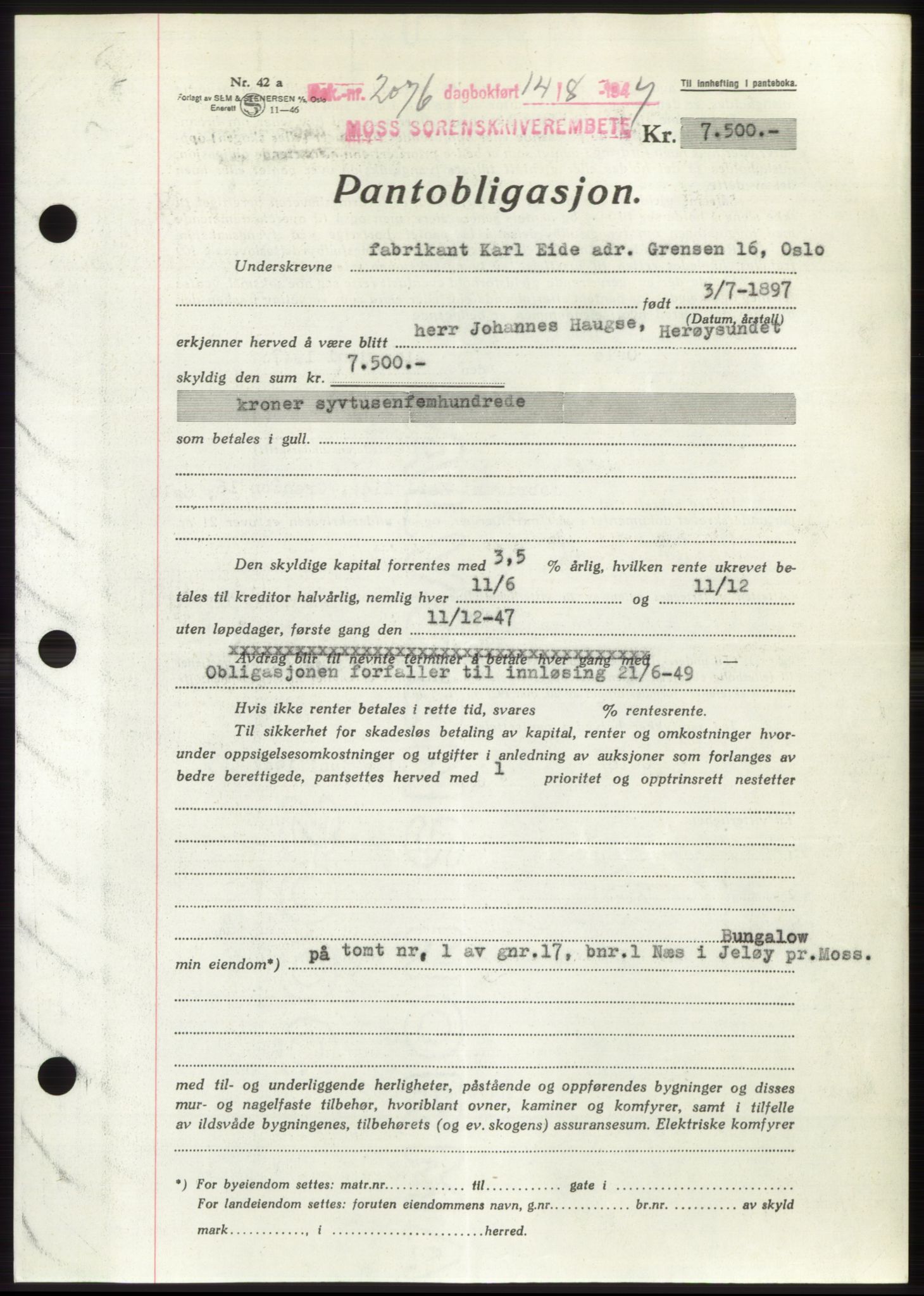 Moss sorenskriveri, SAO/A-10168: Pantebok nr. B17, 1947-1947, Dagboknr: 2076/1947