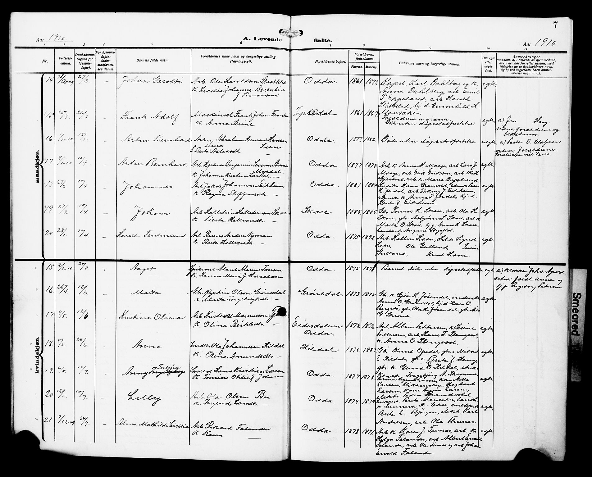Odda Sokneprestembete, AV/SAB-A-77201/H/Hab: Klokkerbok nr. A 8, 1910-1923, s. 7