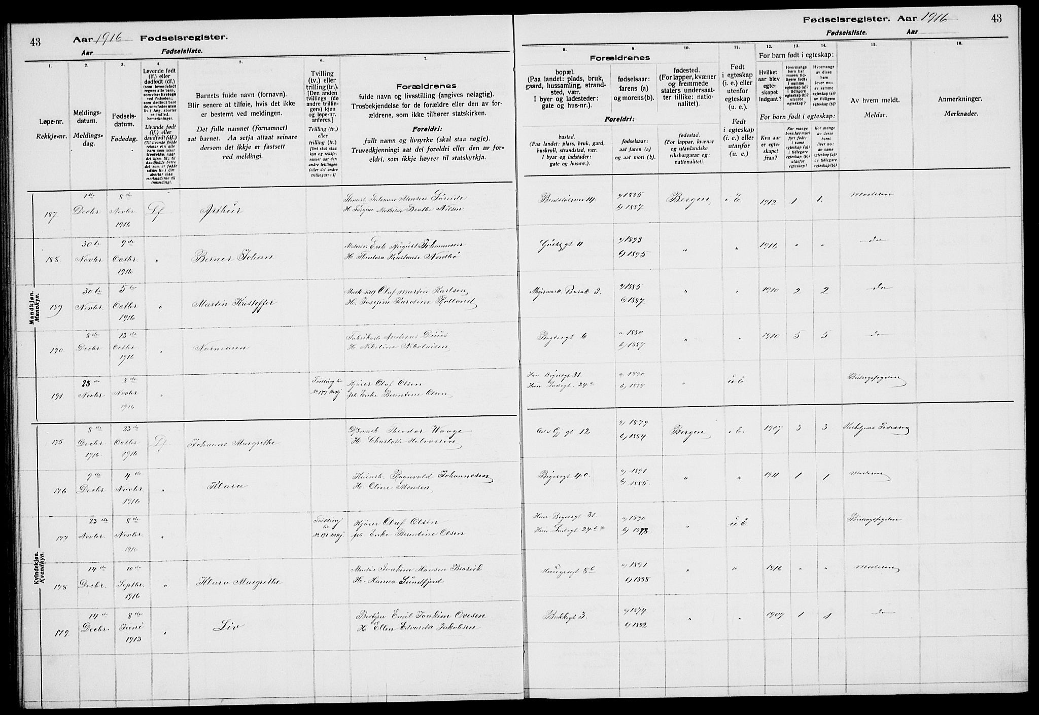 Sandviken Sokneprestembete, SAB/A-77601/I/Ib/L00A1: Fødselsregister nr. A 1, 1915-1920, s. 43