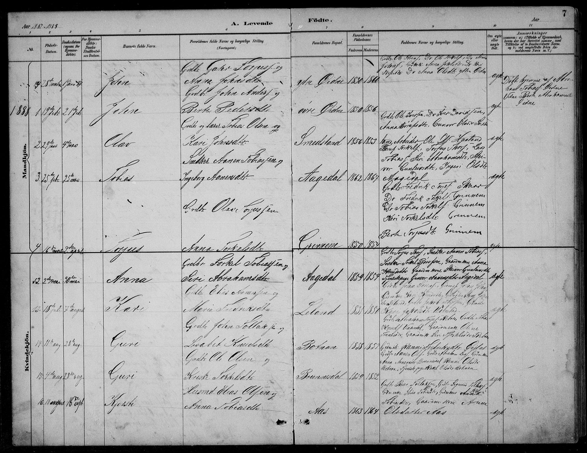 Bjelland sokneprestkontor, AV/SAK-1111-0005/F/Fb/Fbc/L0003: Klokkerbok nr. B 3, 1887-1924, s. 7