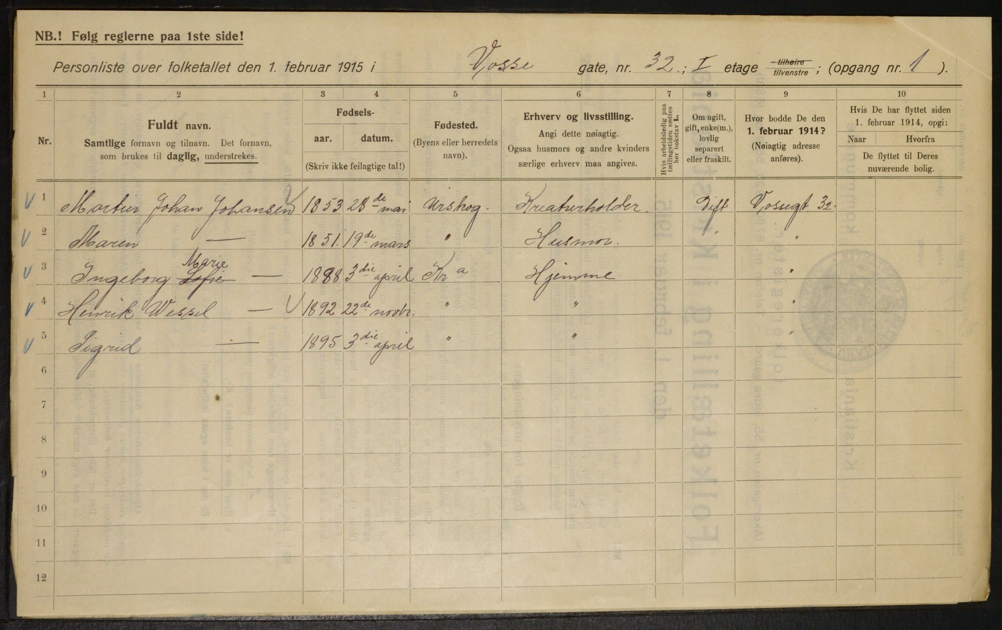 OBA, Kommunal folketelling 1.2.1915 for Kristiania, 1915, s. 126129