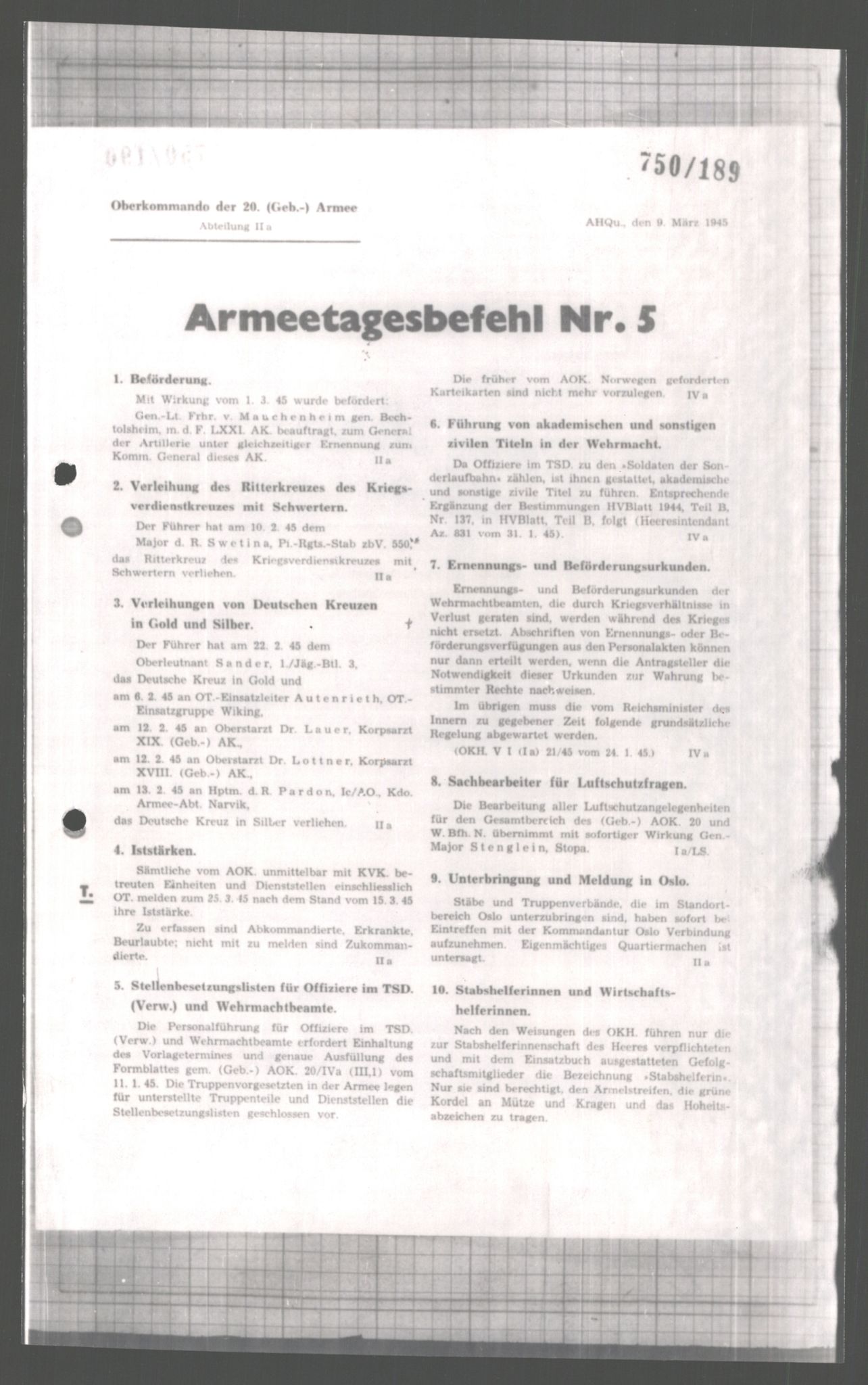 Forsvarets Overkommando. 2 kontor. Arkiv 11.4. Spredte tyske arkivsaker, AV/RA-RAFA-7031/D/Dar/Dara/L0004: Krigsdagbøker for 20. Gebirgs-Armee-Oberkommando (AOK 20), 1945, s. 32
