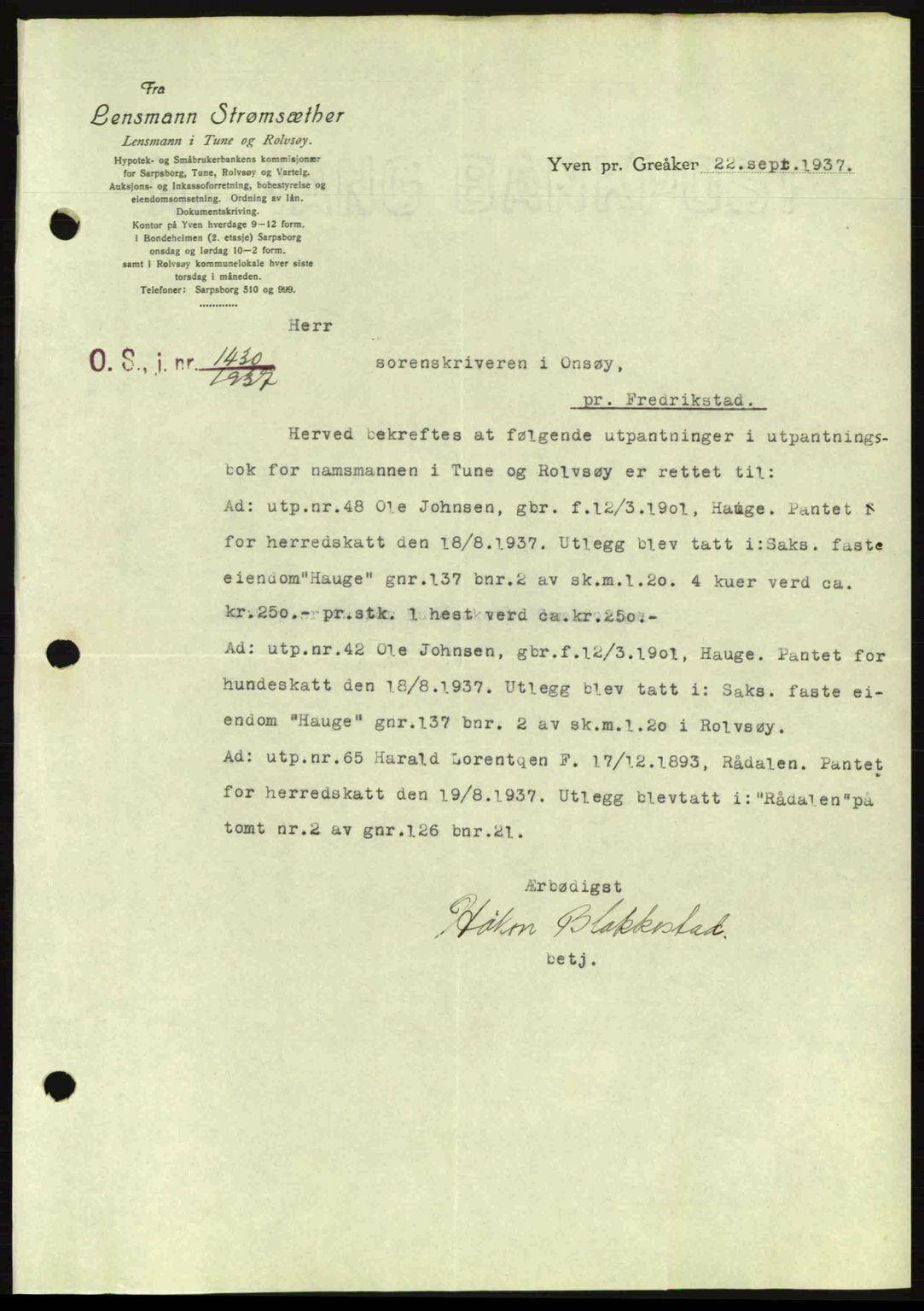 Onsøy sorenskriveri, SAO/A-10474/G/Ga/Gac/L0001: Pantebok nr. B1, 1936-1938, Dagboknr: 1430/1937