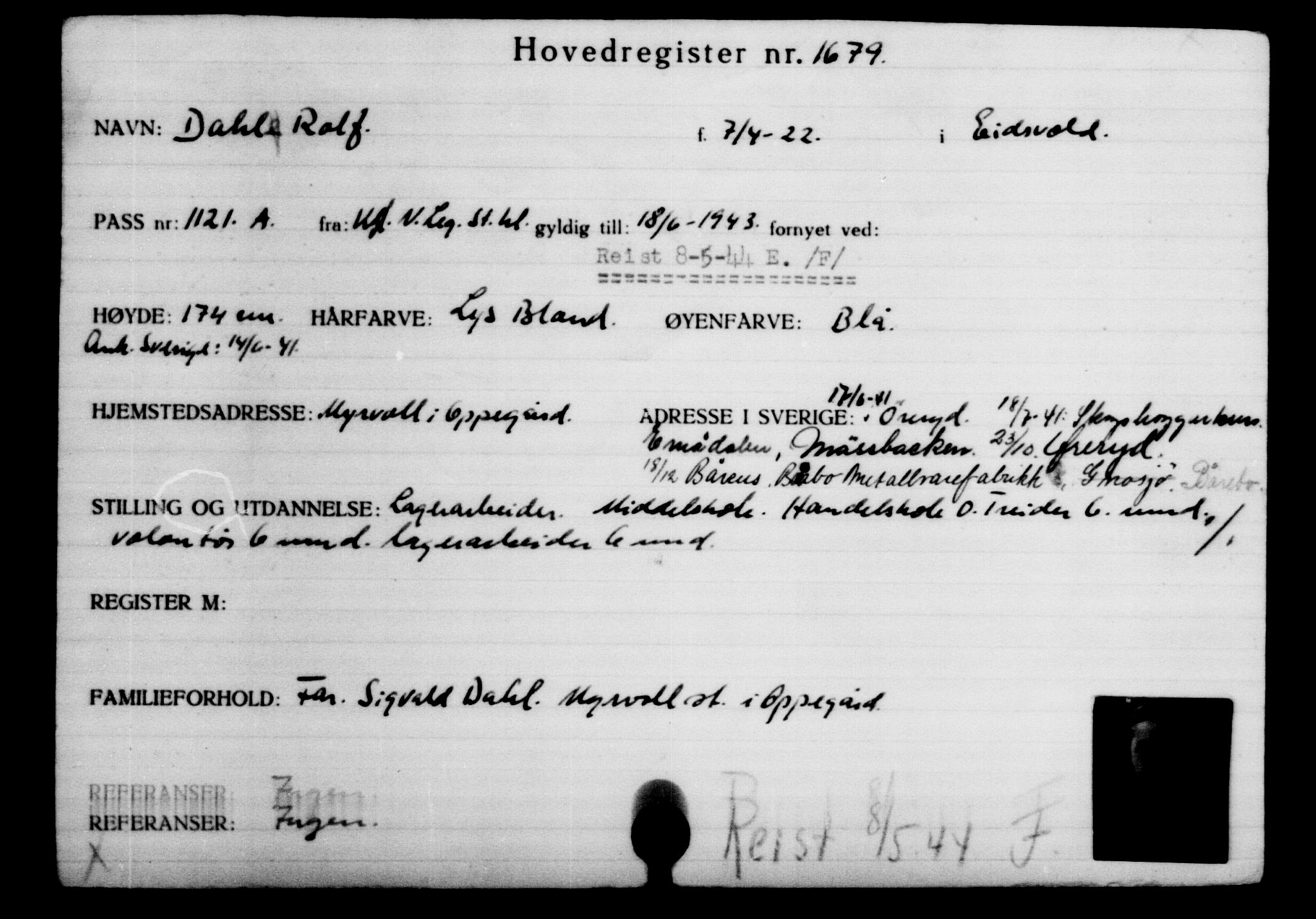 Utenriksstasjonene, Legasjonen i Stockholm, Flyktningkontoret, AV/RA-S-6753/V/Va/L0002: Kjesäterkartoteket, flyktninger med registreringsnr. 1001-2000, 1940-1945, s. 961