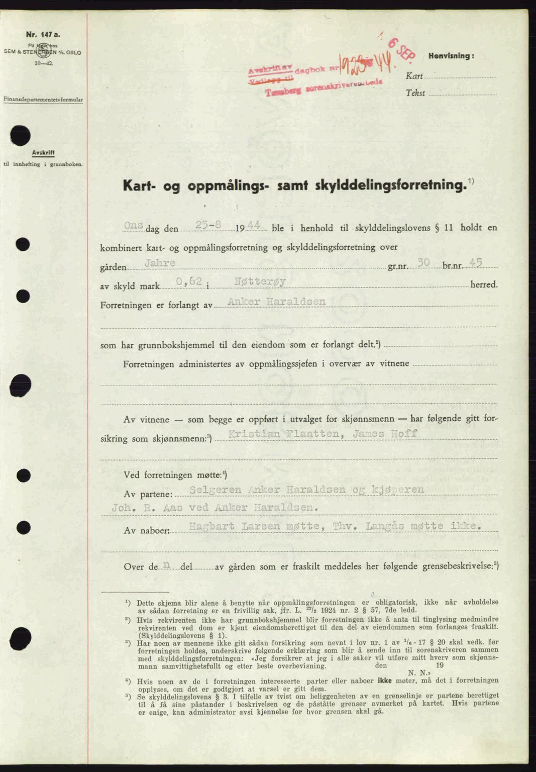 Tønsberg sorenskriveri, AV/SAKO-A-130/G/Ga/Gaa/L0016: Pantebok nr. A16, 1944-1945, Dagboknr: 1923/1944