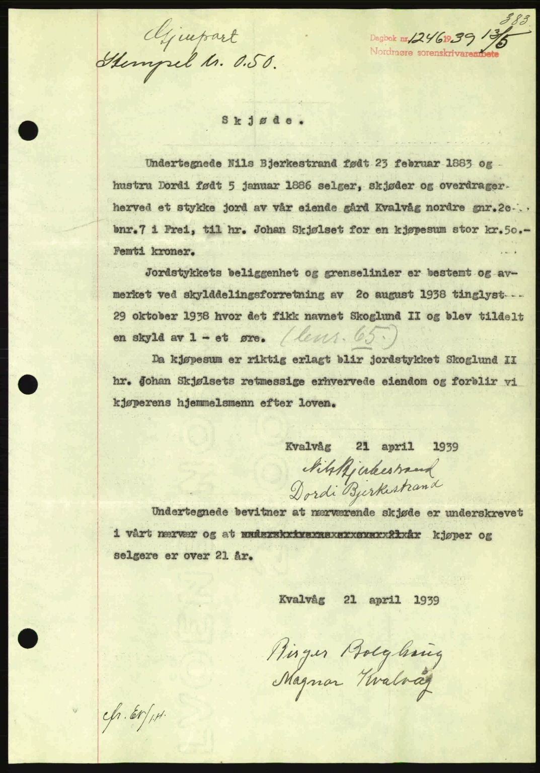 Nordmøre sorenskriveri, SAT/A-4132/1/2/2Ca: Pantebok nr. A86, 1939-1939, Dagboknr: 1246/1939