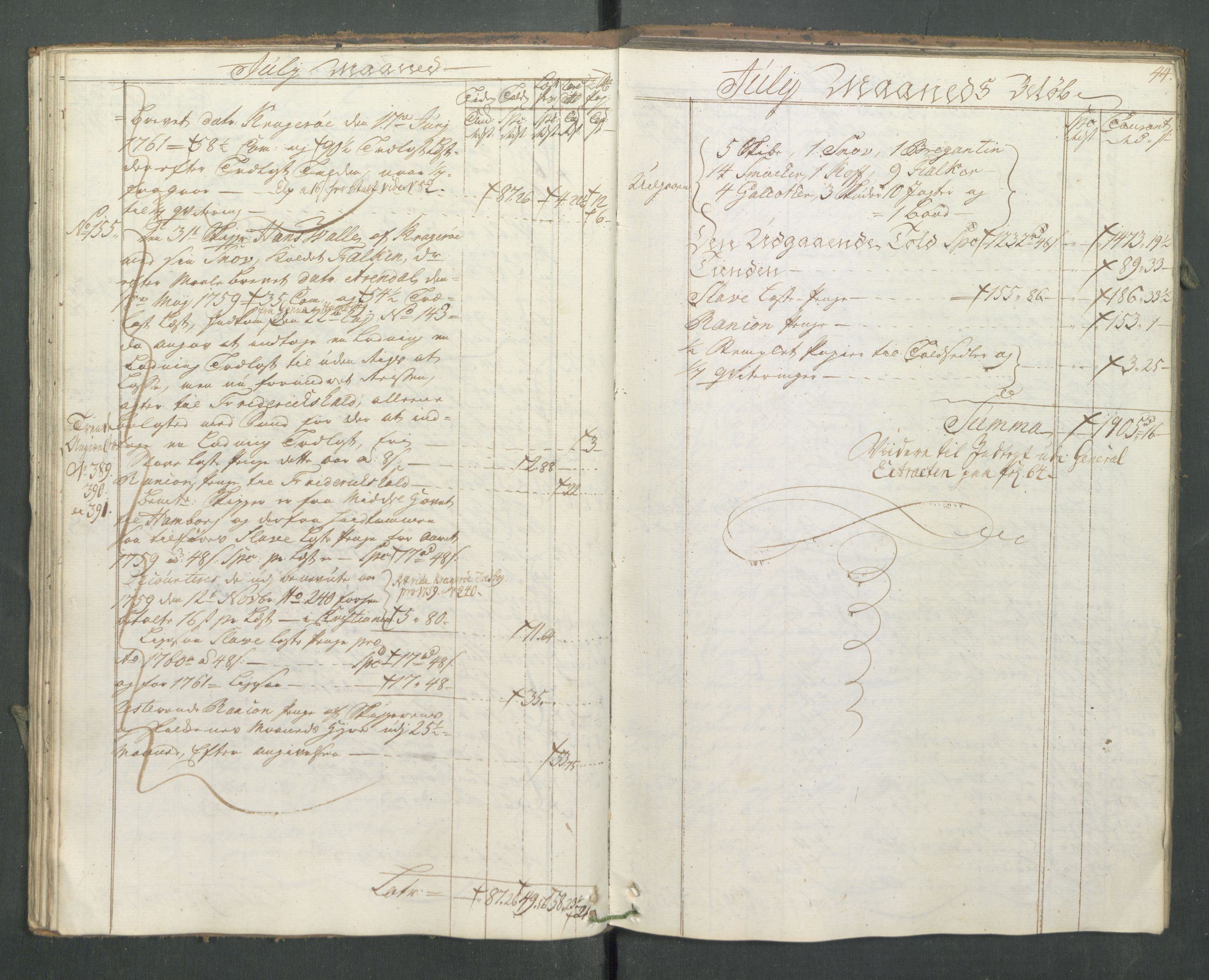 Generaltollkammeret, tollregnskaper, AV/RA-EA-5490/R13/L0033/0001: Tollregnskaper Kragerø / Utgående hovedtollbok, 1762, s. 43b-44a