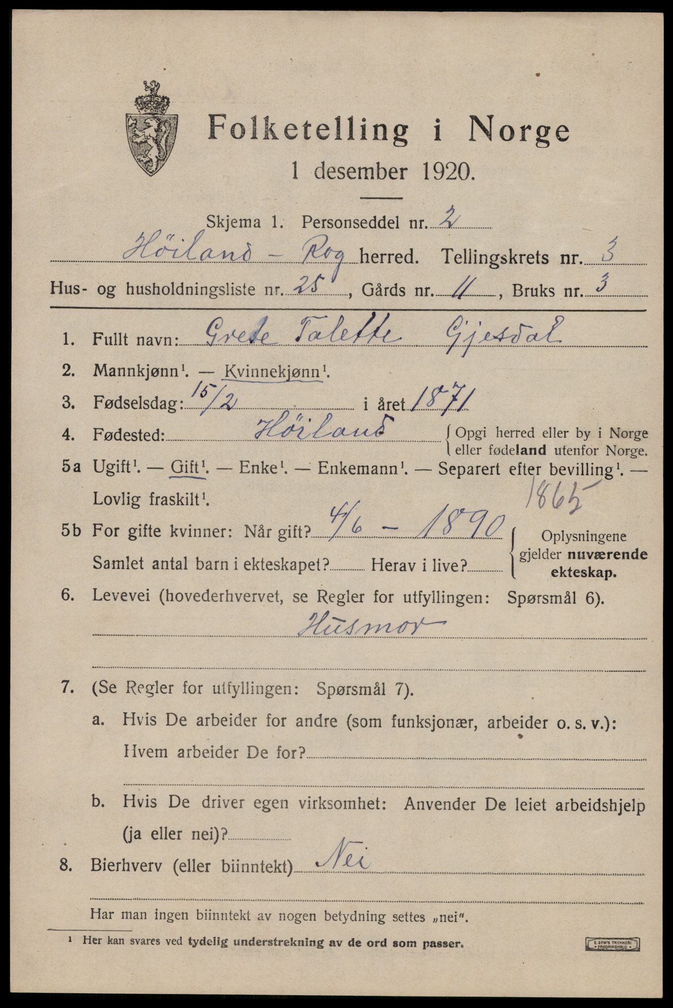 SAST, Folketelling 1920 for 1123 Høyland herred, 1920, s. 3262