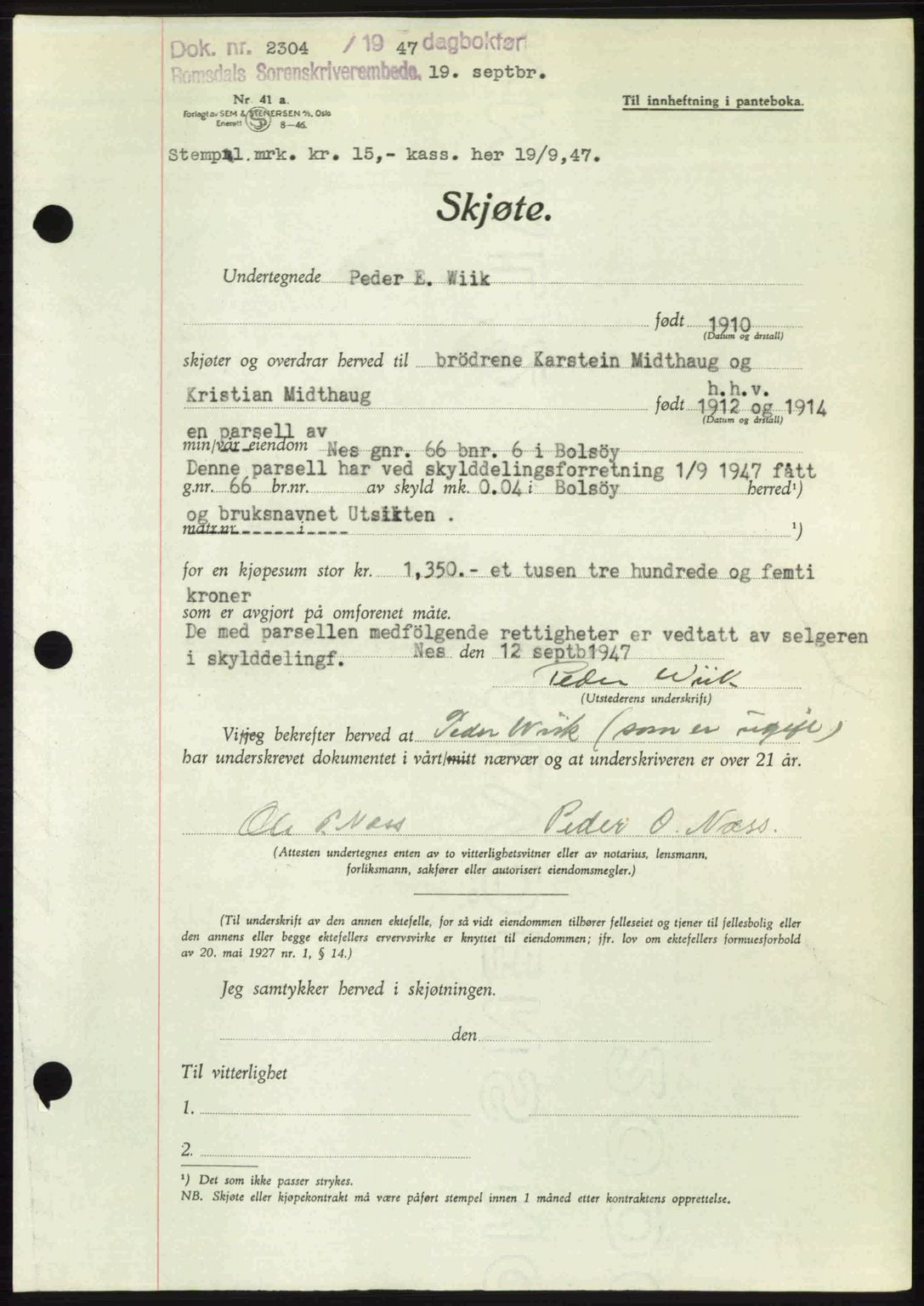 Romsdal sorenskriveri, AV/SAT-A-4149/1/2/2C: Pantebok nr. A24, 1947-1947, Dagboknr: 2304/1947