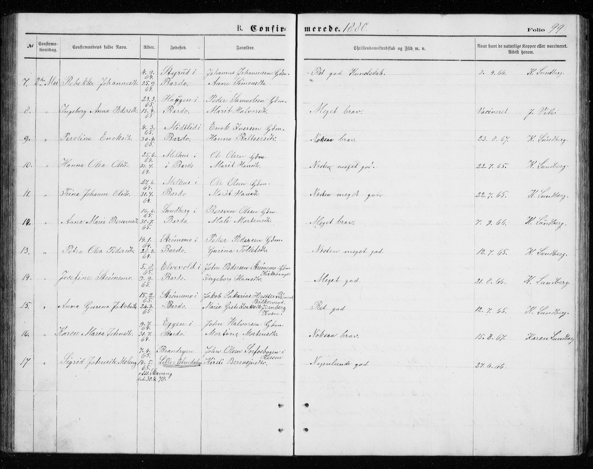 Målselv sokneprestembete, AV/SATØ-S-1311/G/Ga/Gab/L0007klokker: Klokkerbok nr. 7, 1876-1895, s. 99