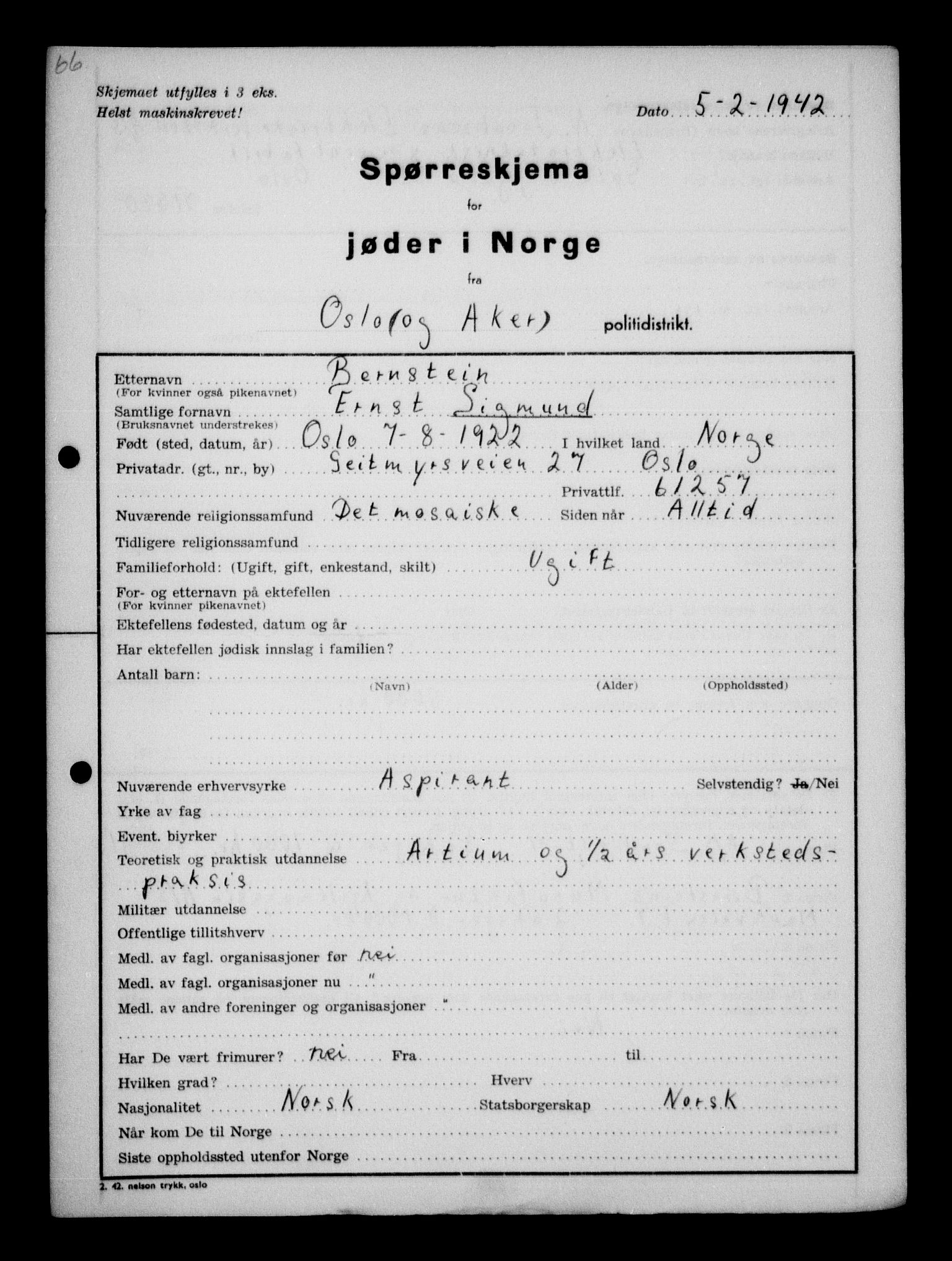 Statspolitiet - Hovedkontoret / Osloavdelingen, AV/RA-S-1329/G/Ga/L0009: Spørreskjema for jøder i Norge, Oslo Alexander-Gutman, 1942, s. 200