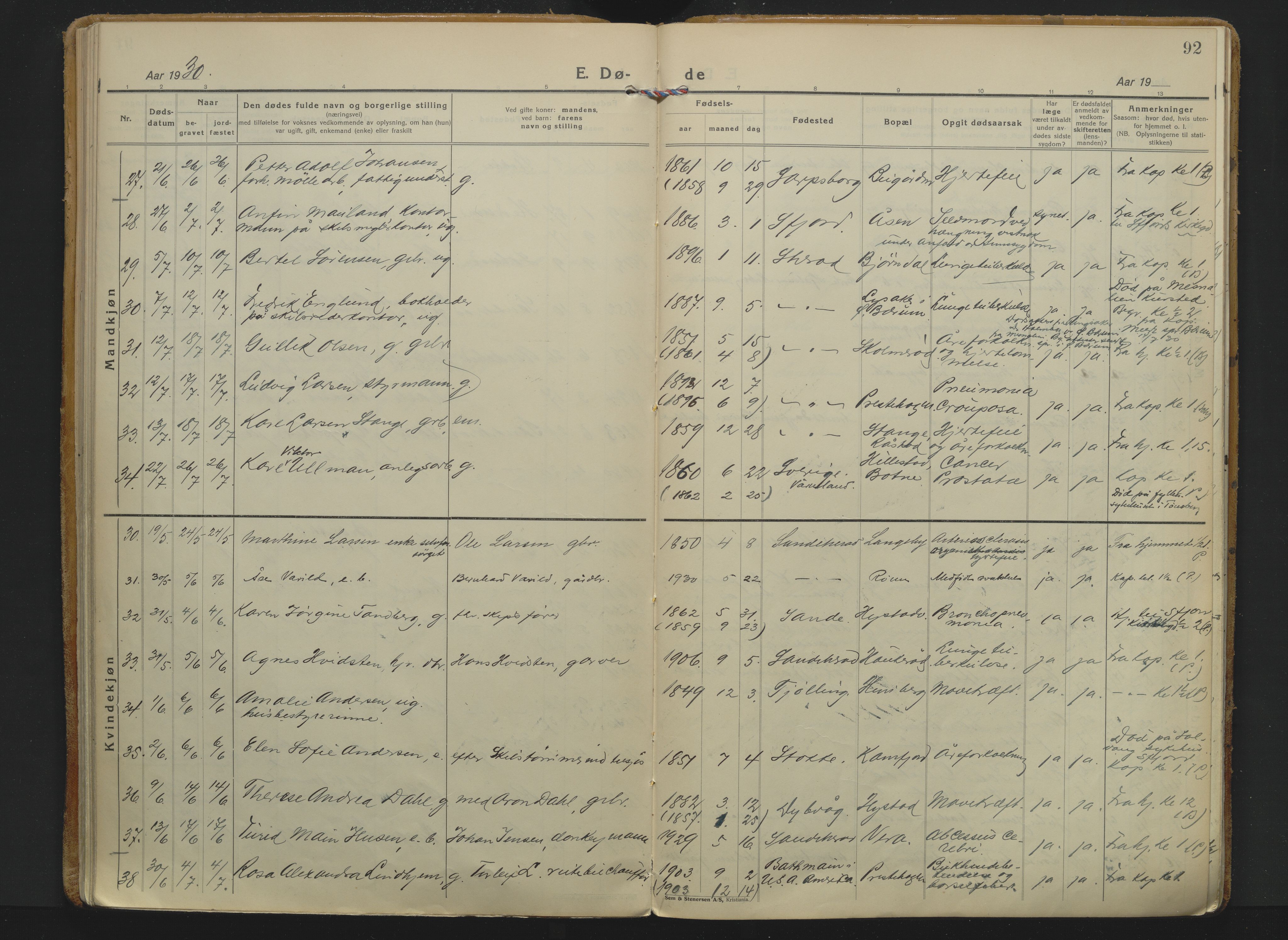 Sandar kirkebøker, AV/SAKO-A-243/F/Fa/L0023: Ministerialbok nr. 23, 1924-1932, s. 92