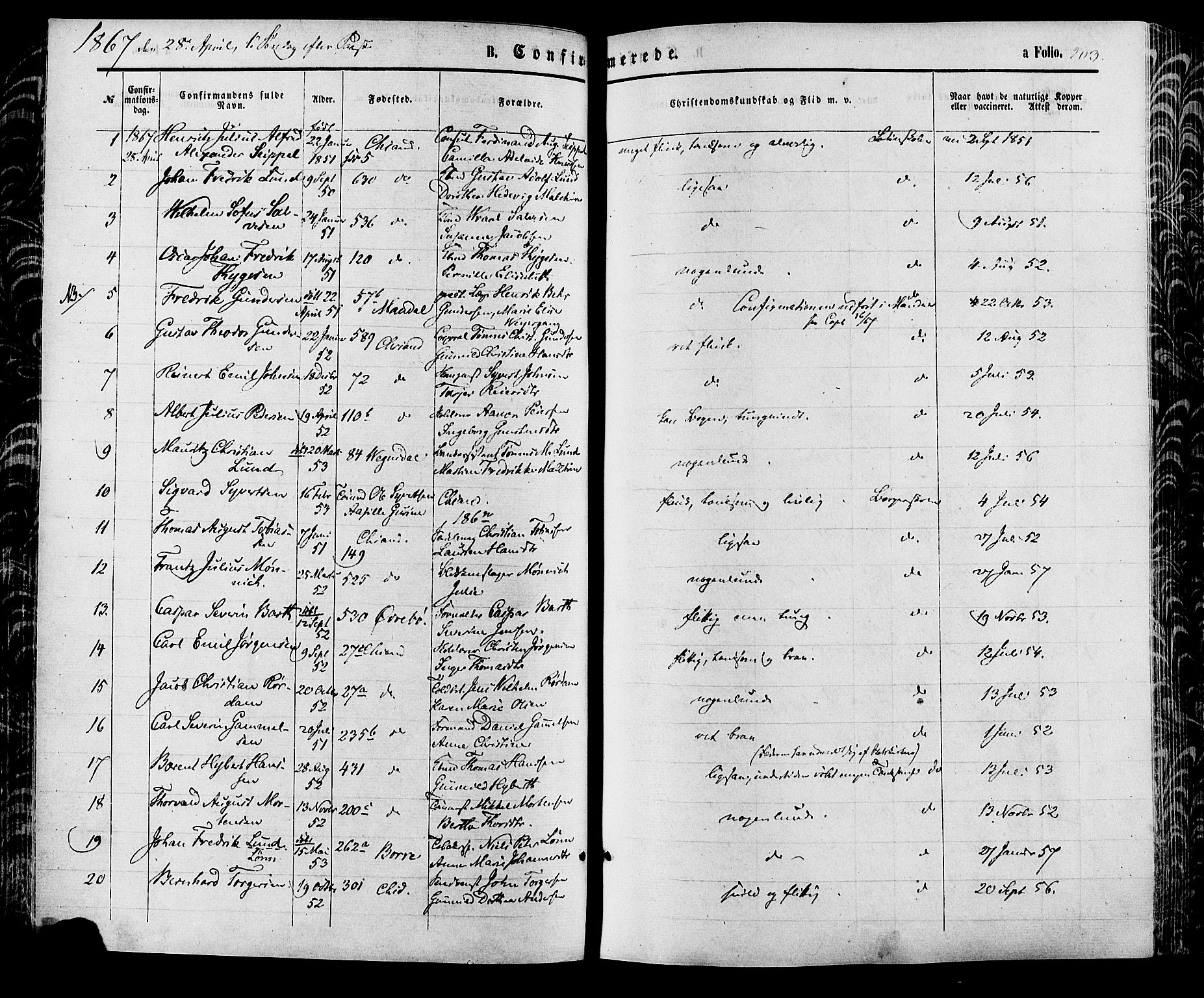 Kristiansand domprosti, AV/SAK-1112-0006/F/Fa/L0015: Ministerialbok nr. A 15, 1867-1880, s. 203