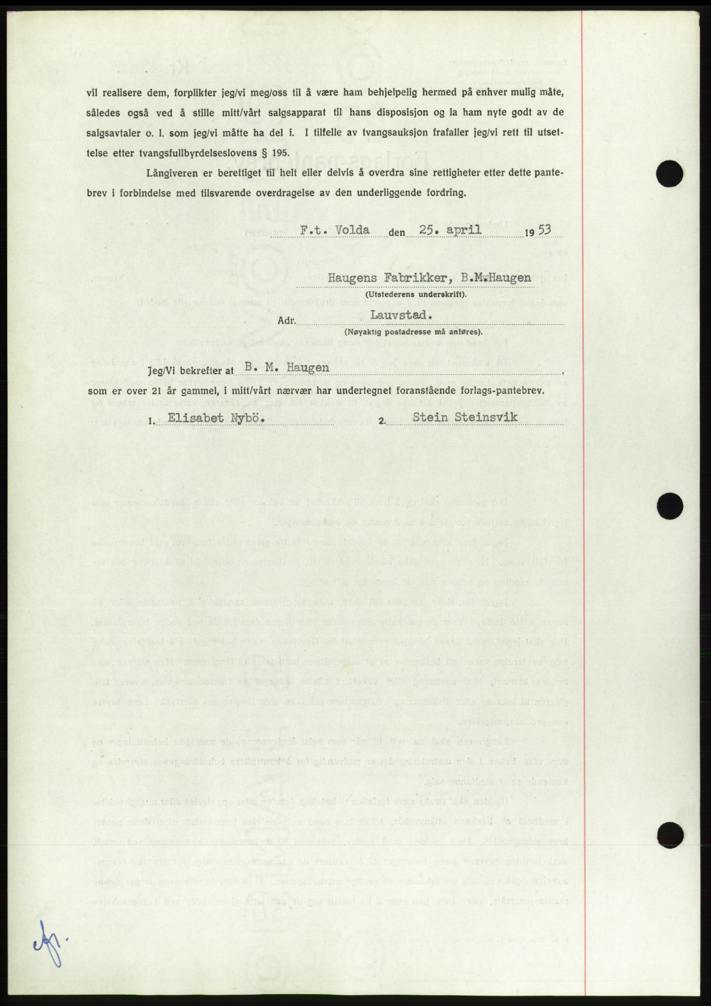 Søre Sunnmøre sorenskriveri, AV/SAT-A-4122/1/2/2C/L0123: Pantebok nr. 11B, 1953-1953, Dagboknr: 931/1953