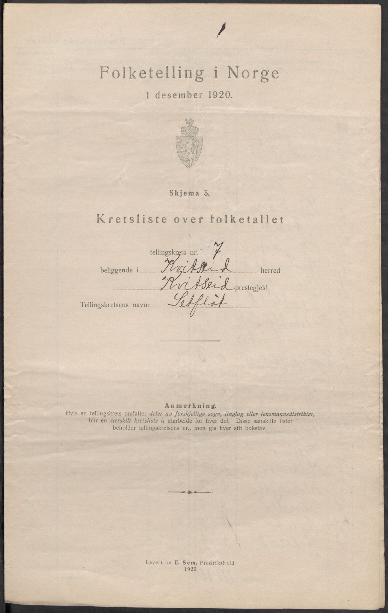 SAKO, Folketelling 1920 for 0829 Kviteseid herred, 1920, s. 22