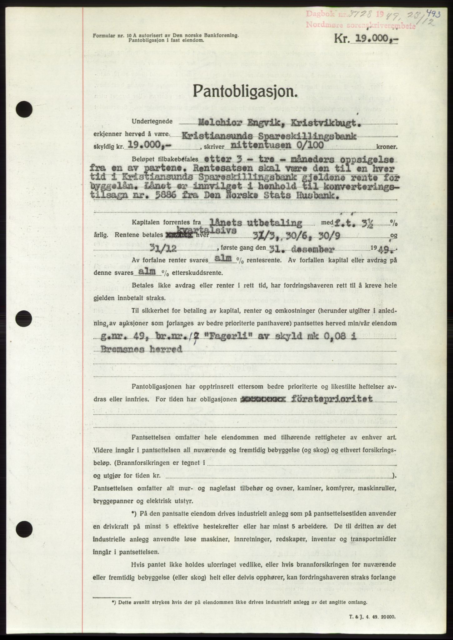 Nordmøre sorenskriveri, SAT/A-4132/1/2/2Ca: Pantebok nr. B103, 1949-1950, Dagboknr: 3728/1949