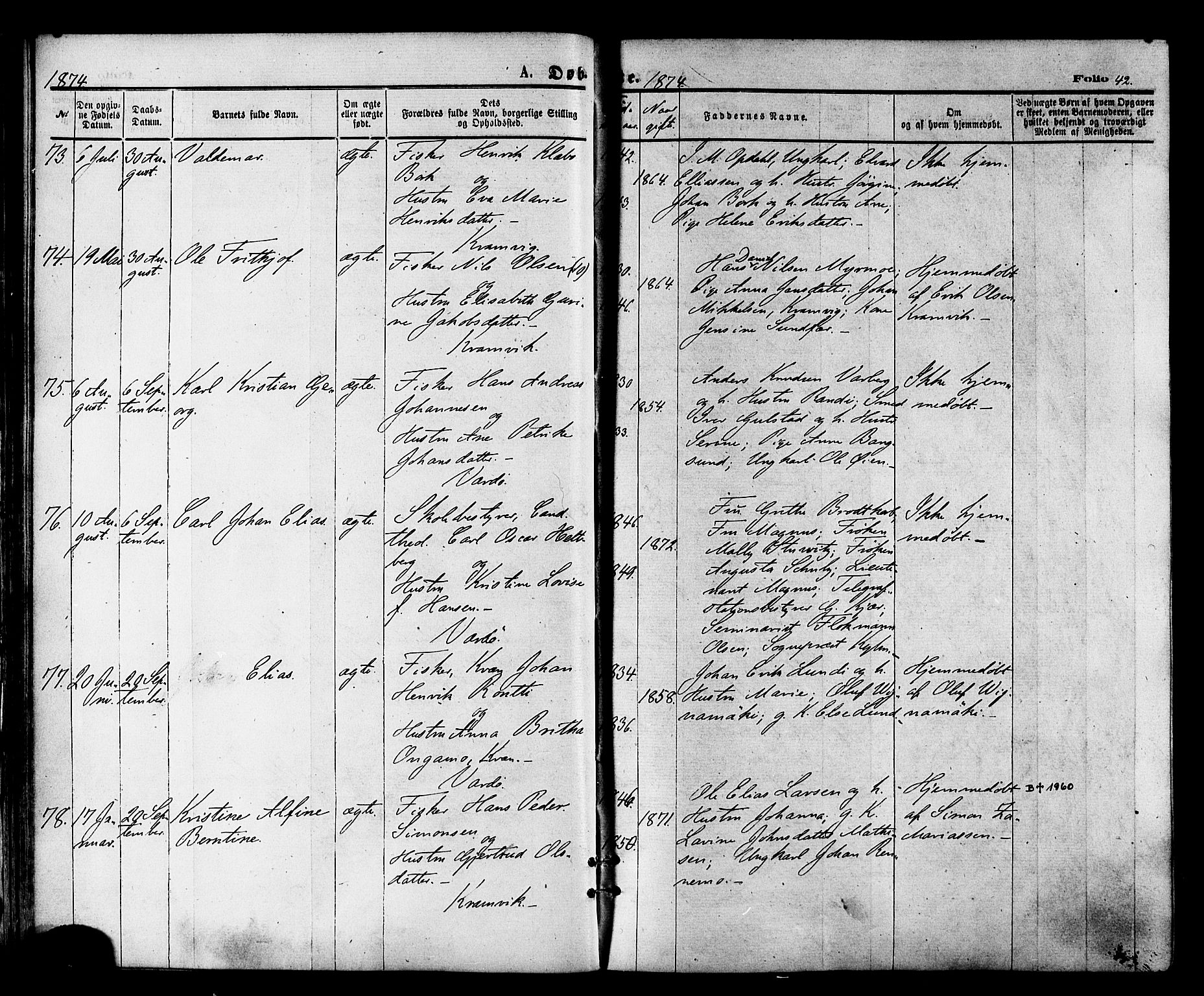 Vardø sokneprestkontor, AV/SATØ-S-1332/H/Ha/L0005kirke: Ministerialbok nr. 5, 1872-1878, s. 42