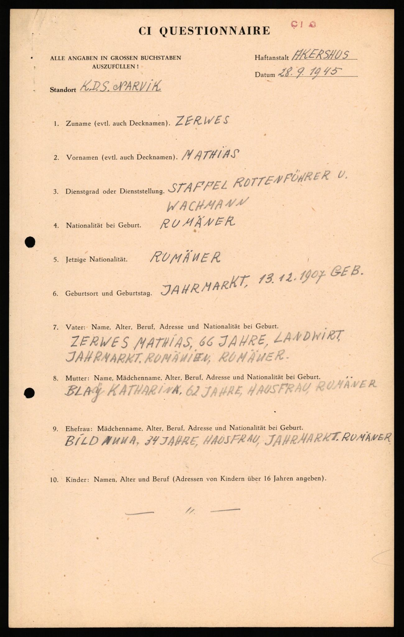 Forsvaret, Forsvarets overkommando II, AV/RA-RAFA-3915/D/Db/L0041: CI Questionaires.  Diverse nasjonaliteter., 1945-1946, s. 197