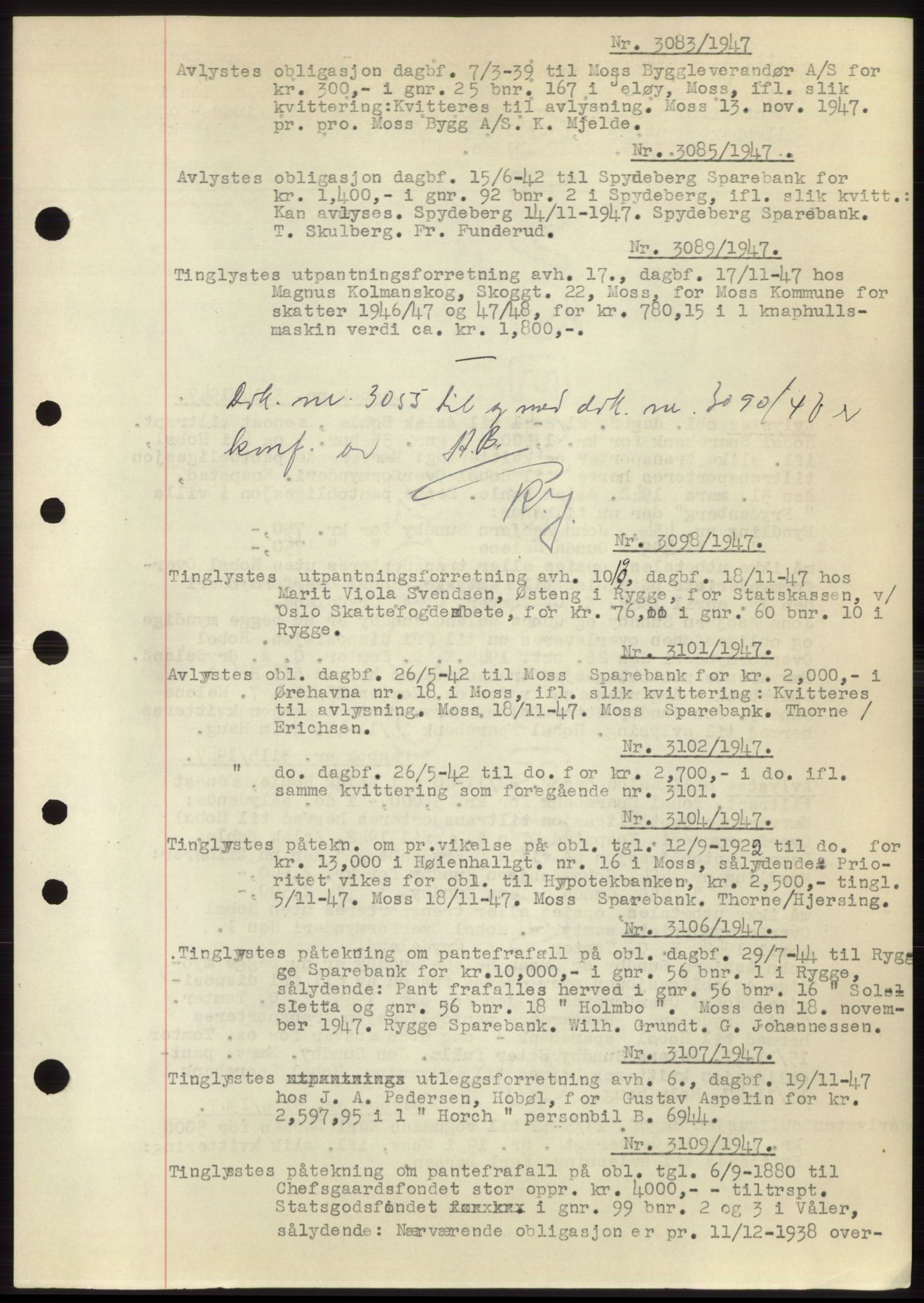 Moss sorenskriveri, SAO/A-10168: Pantebok nr. C10, 1938-1950, Dagboknr: 3083/1947