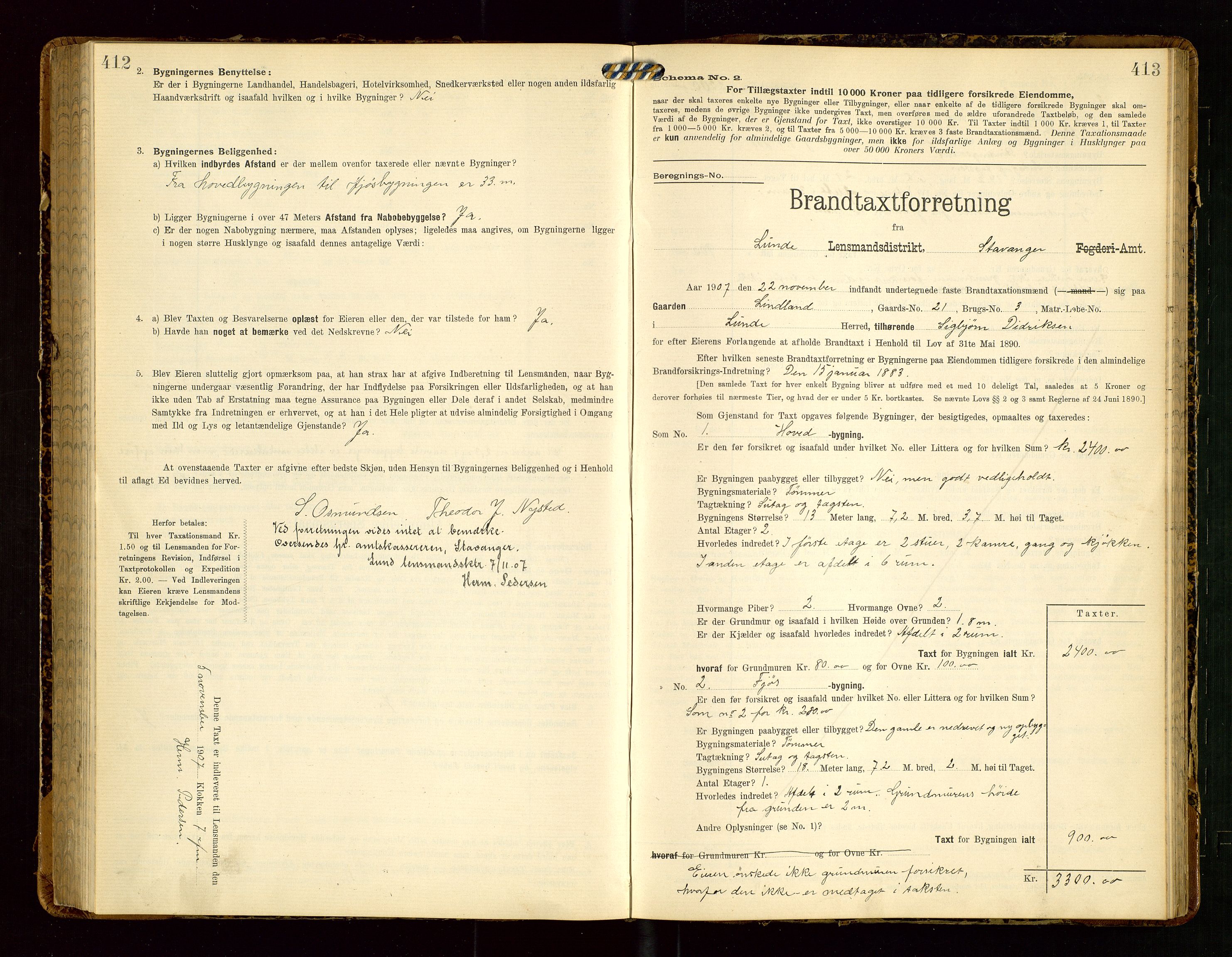 Lund lensmannskontor, SAST/A-100303/Gob/L0002: "Brandtakstprotokol", 1908-1918, s. 412-413