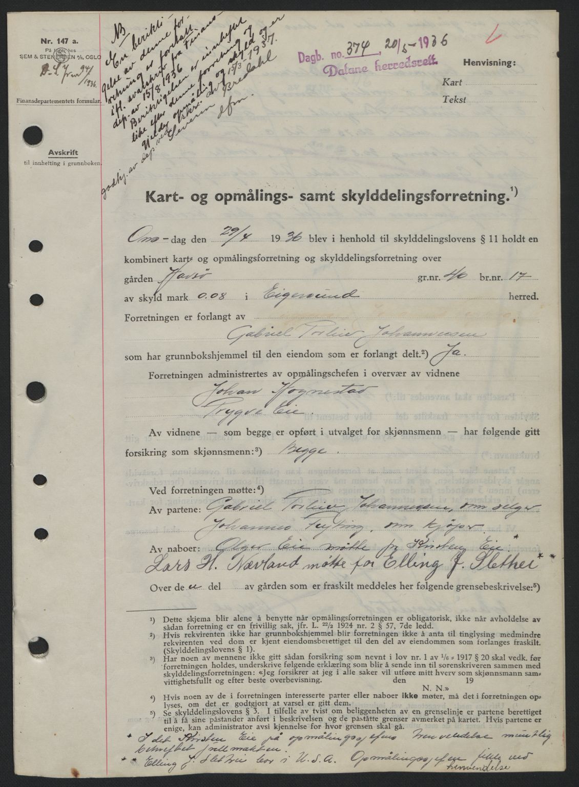 Dalane sorenskriveri, SAST/A-100309/02/G/Gb/L0040: Pantebok nr. A1, 1936-1936, Dagboknr: 374/1936
