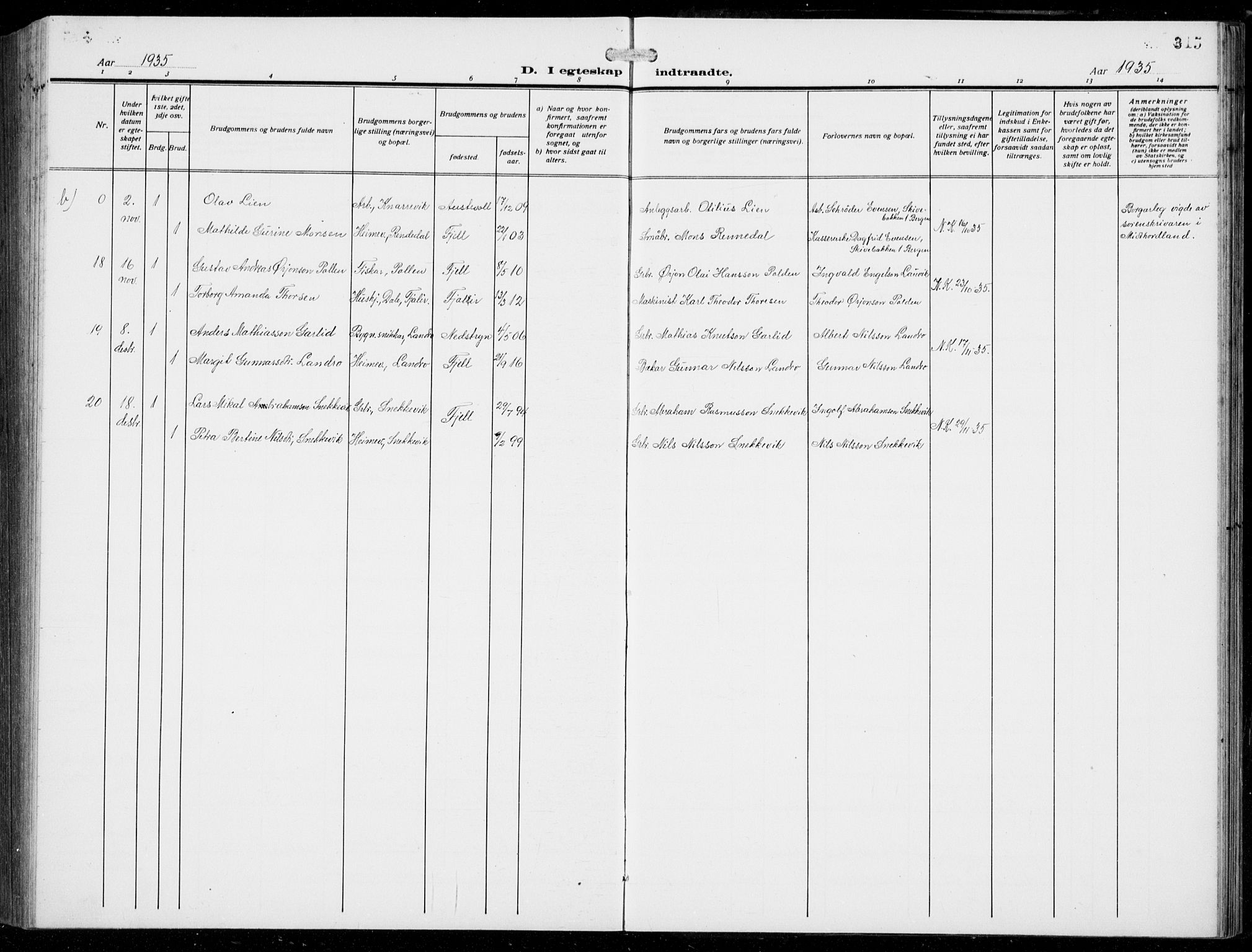 Fjell sokneprestembete, AV/SAB-A-75301/H/Hab: Klokkerbok nr. A  6, 1918-1936, s. 315